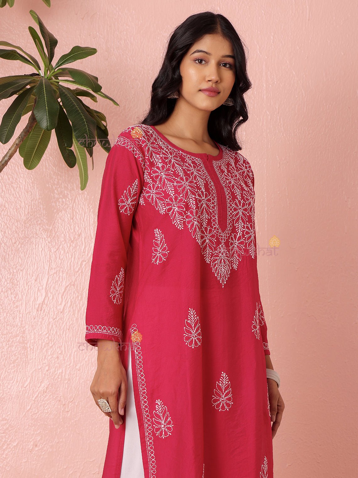 Haya Straight Chanderi Chikankari Kurti - Chowkhat Lifestyle