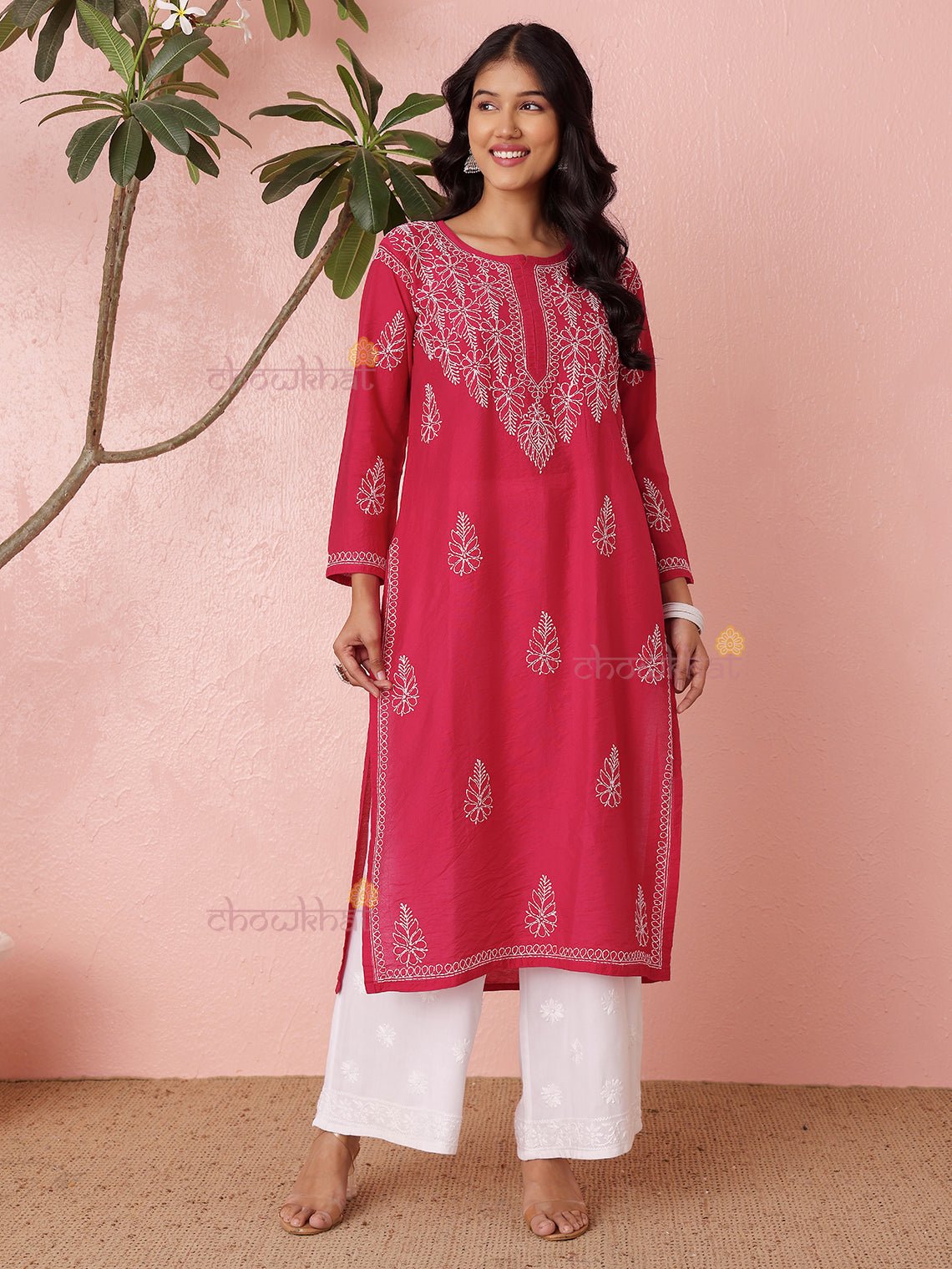 Haya Straight Chanderi Chikankari Kurti - Chowkhat Lifestyle