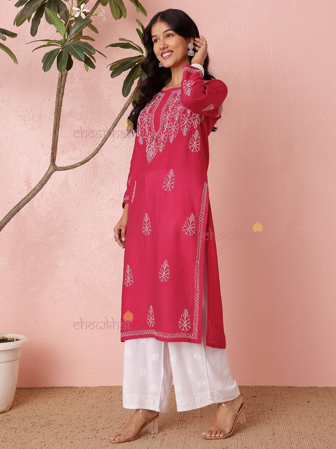 Haya Straight Chanderi Chikankari Kurti - Chowkhat Lifestyle