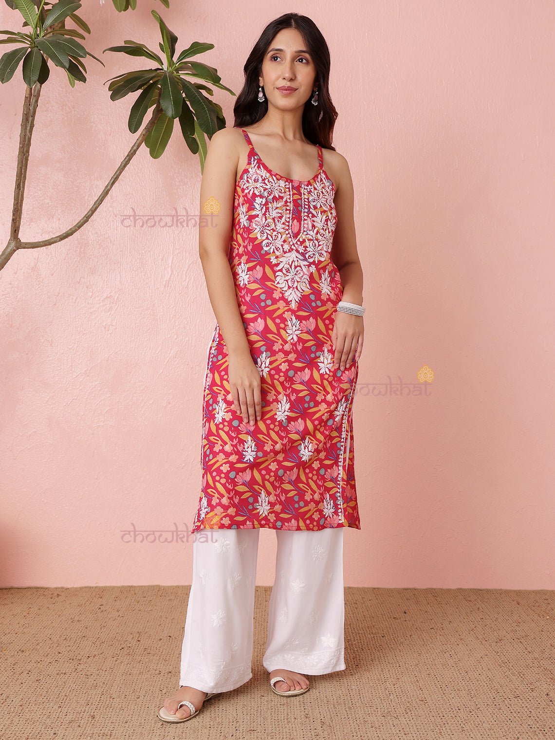 Yashika Straight Long Mul Cotton Chikankari Kurti - Chowkhat Lifestyle