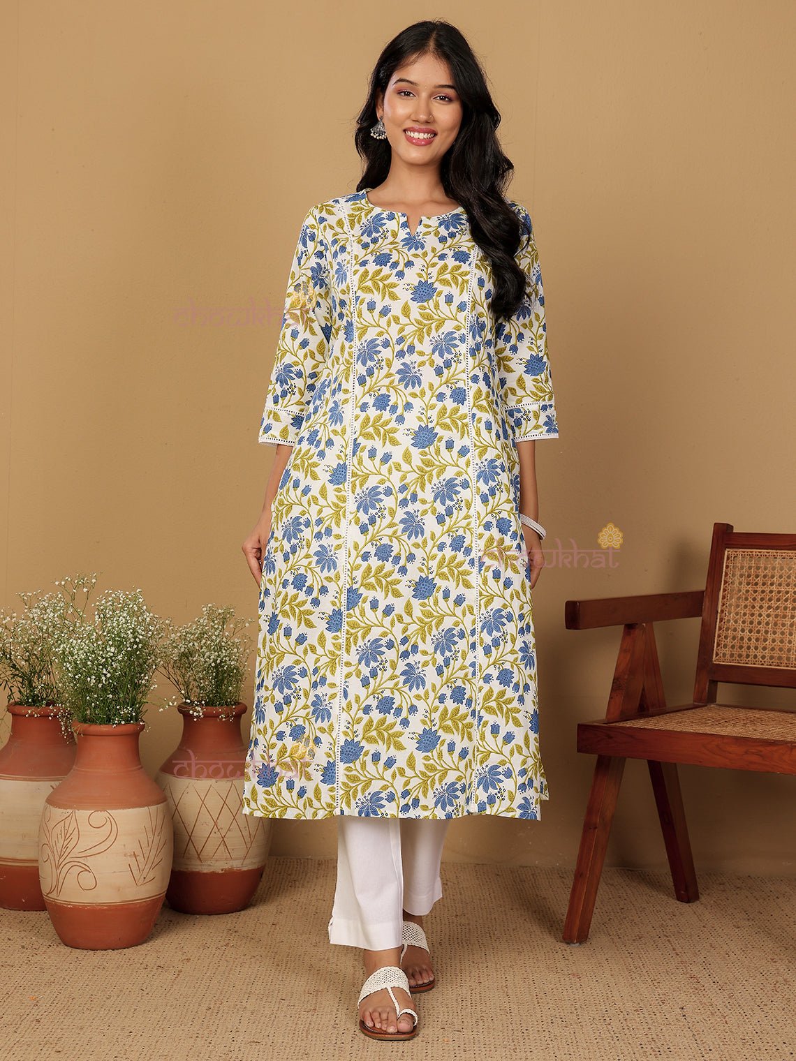 Adhira Hand Printed Cotton Kurti with Lace Detailing - Chowkhat Lifestyle