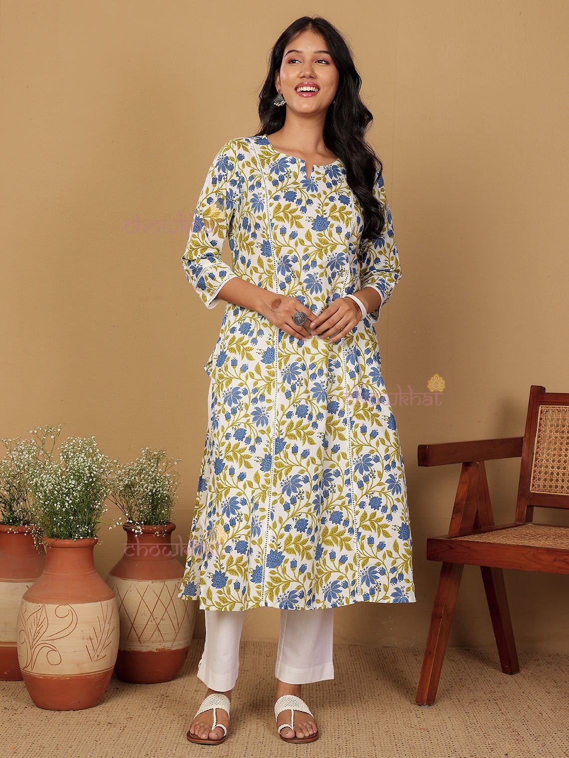 Adhira Hand Printed Cotton Kurti with Lace Detailing - Chowkhat Lifestyle