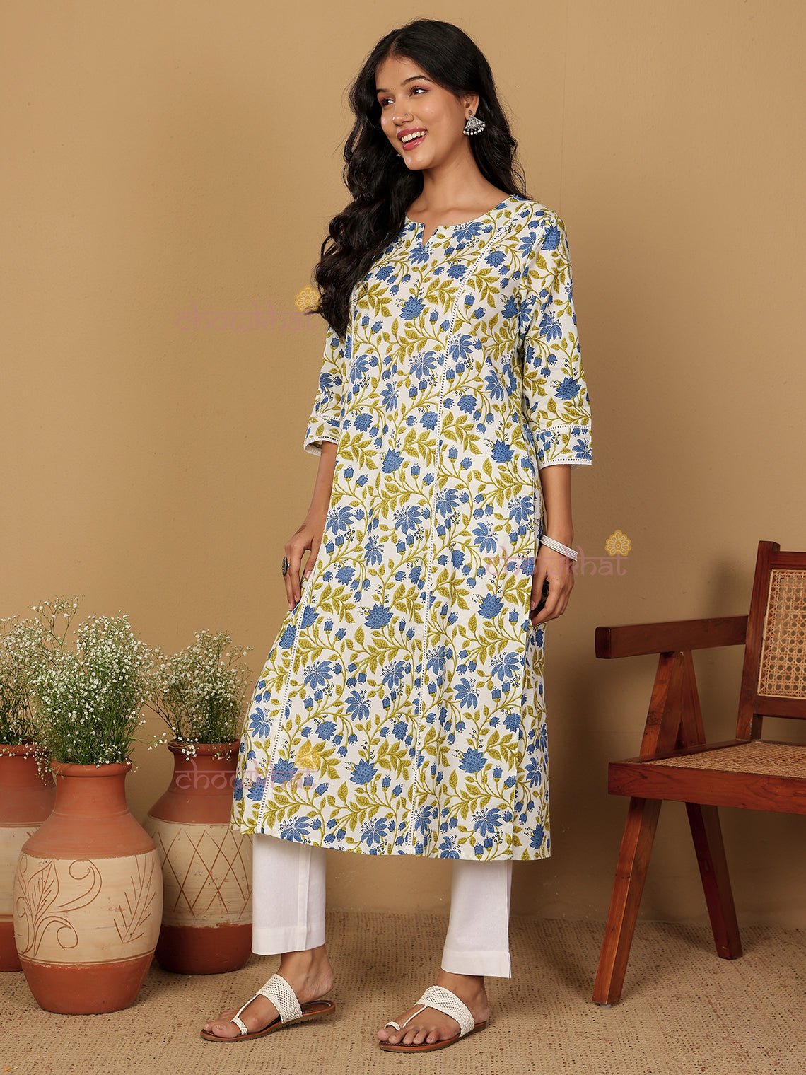 Adhira Hand Printed Cotton Kurti with Lace Detailing - Chowkhat Lifestyle