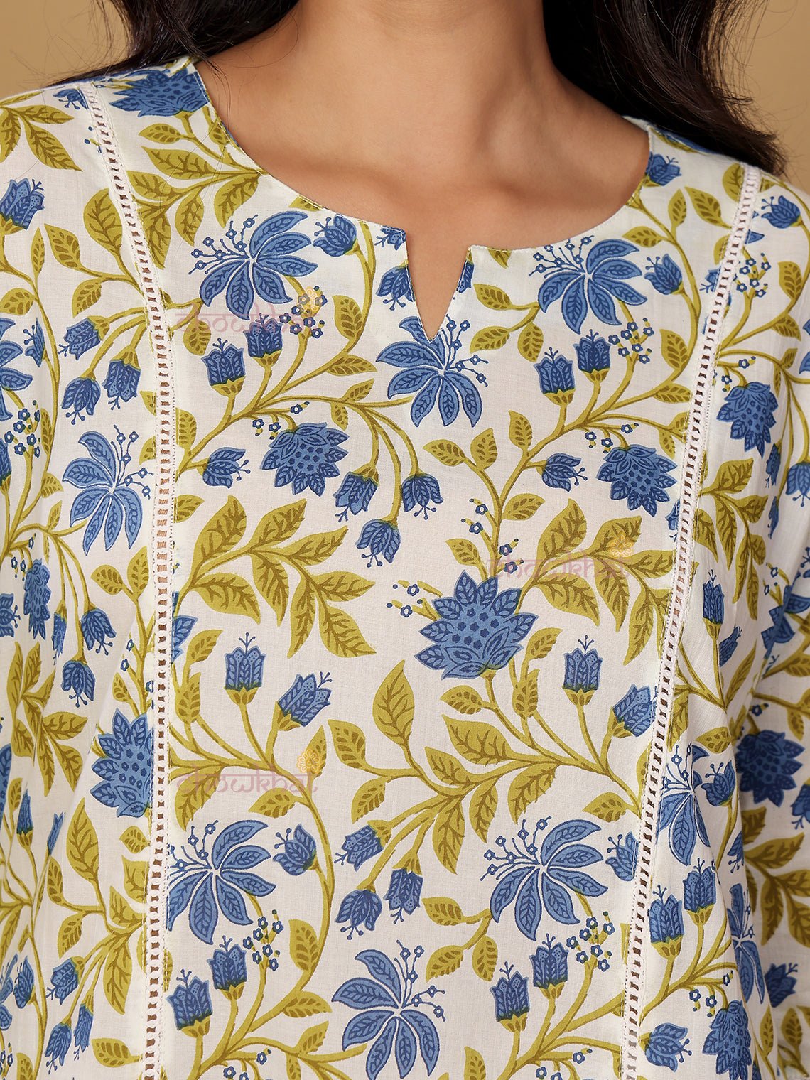 Adhira Hand Printed Cotton Kurti with Lace Detailing - Chowkhat Lifestyle