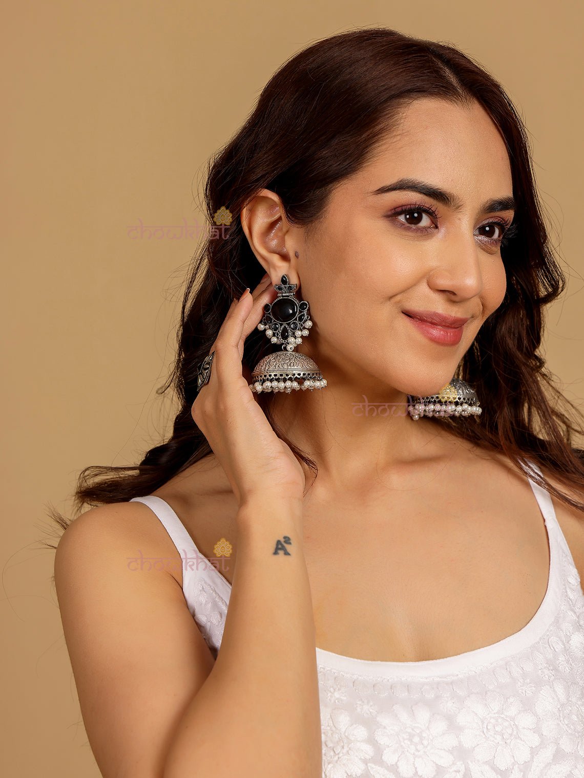 Embellished Pearl German Silver Handcrafted Jhumki Earrings - Chowkhat Lifestyle