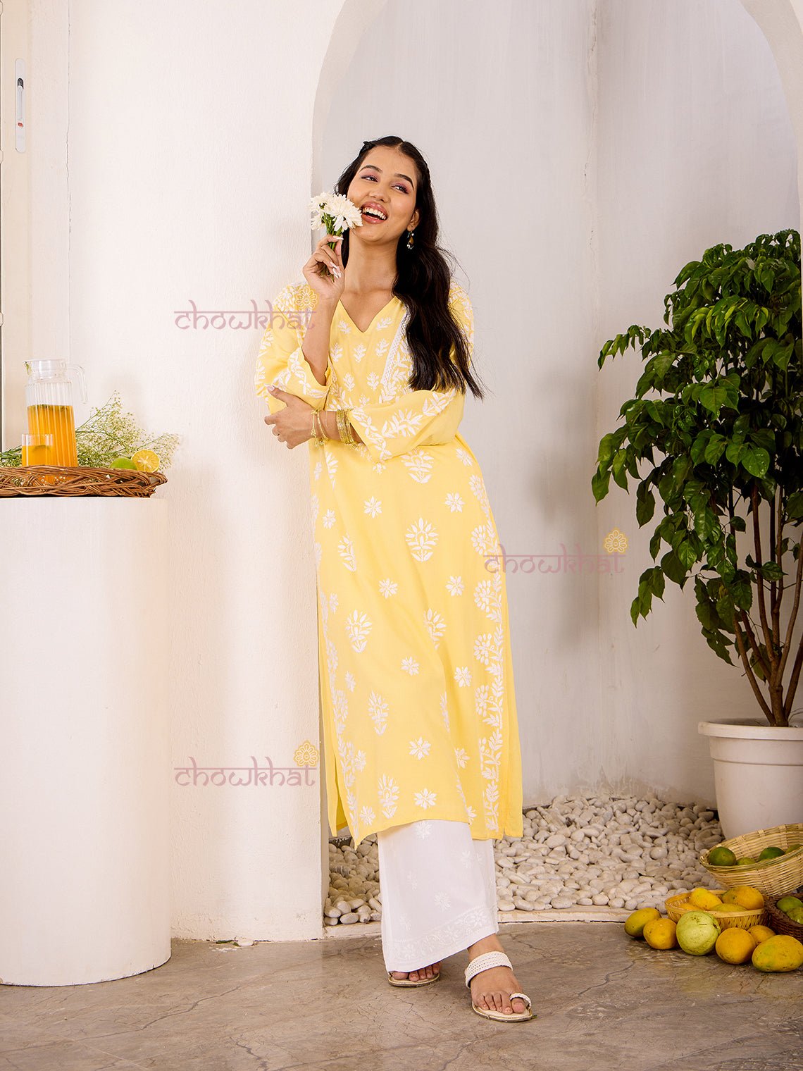 Navya Rayon Straight Chikankari Kurti with Lace - Chowkhat Lifestyle