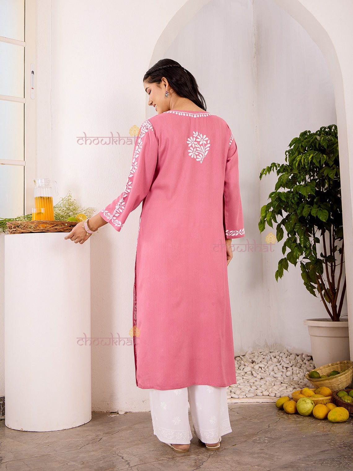 Navya Rayon Straight Chikankari Kurti with Lace - Chowkhat Lifestyle