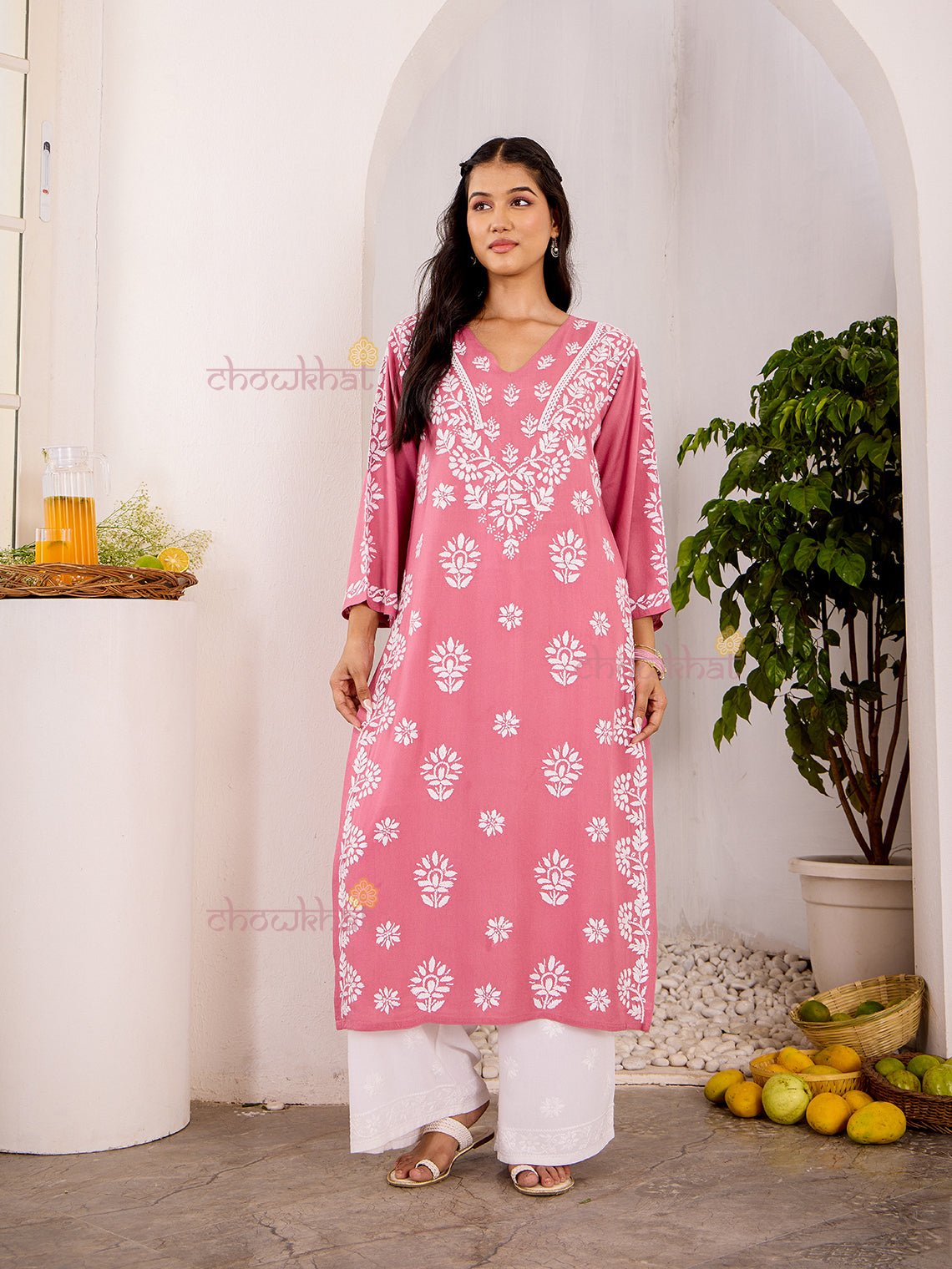 Navya Rayon Straight Chikankari Kurti with Lace - Chowkhat Lifestyle