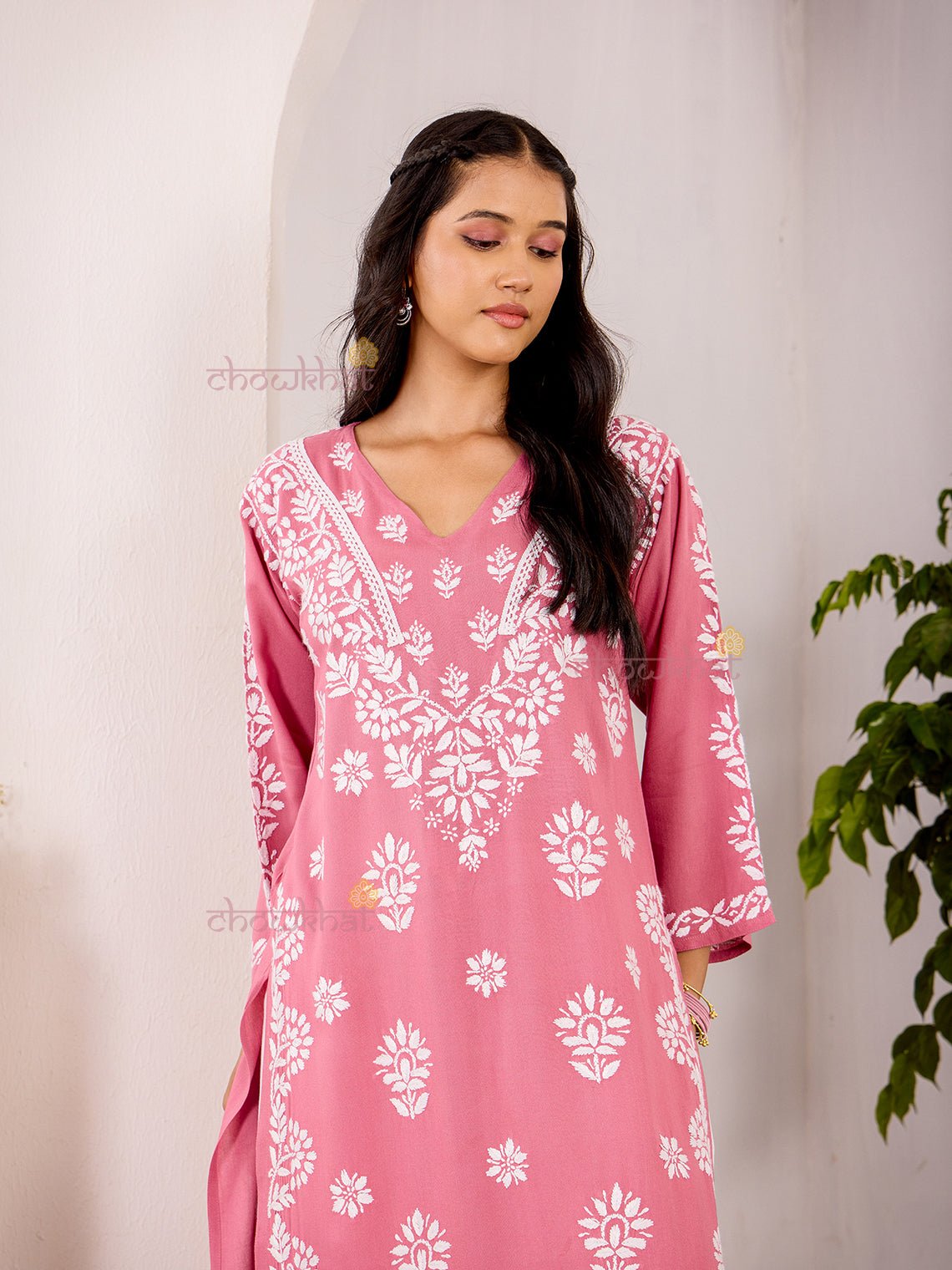 Navya Rayon Straight Chikankari Kurti with Lace - Chowkhat Lifestyle