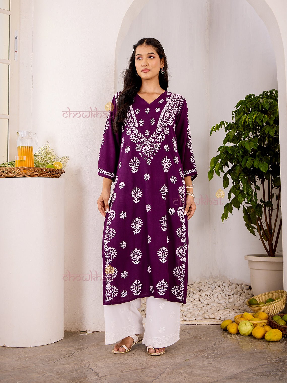 Navya Rayon Straight Chikankari Kurti with Lace - Chowkhat Lifestyle