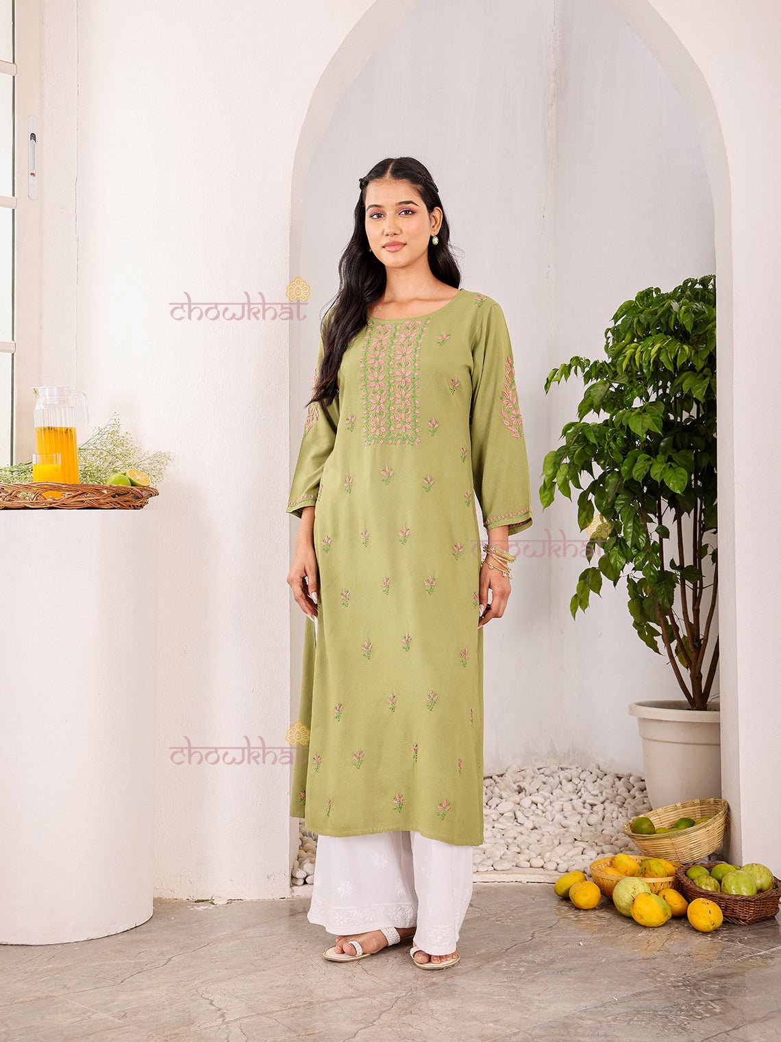 Heer Premium Rayon Straight Chikankari Kurti - Chowkhat Lifestyle