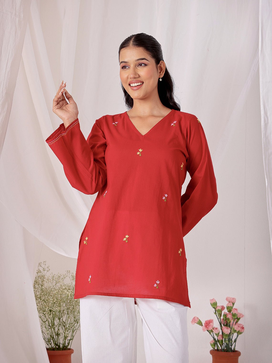 Kumkum Hand Embroidered Short Cotton Kurti - Chowkhat Lifestyle