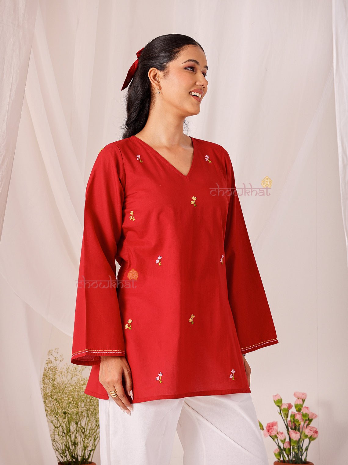 Kumkum Hand Embroidered Short Cotton Kurti - Chowkhat Lifestyle