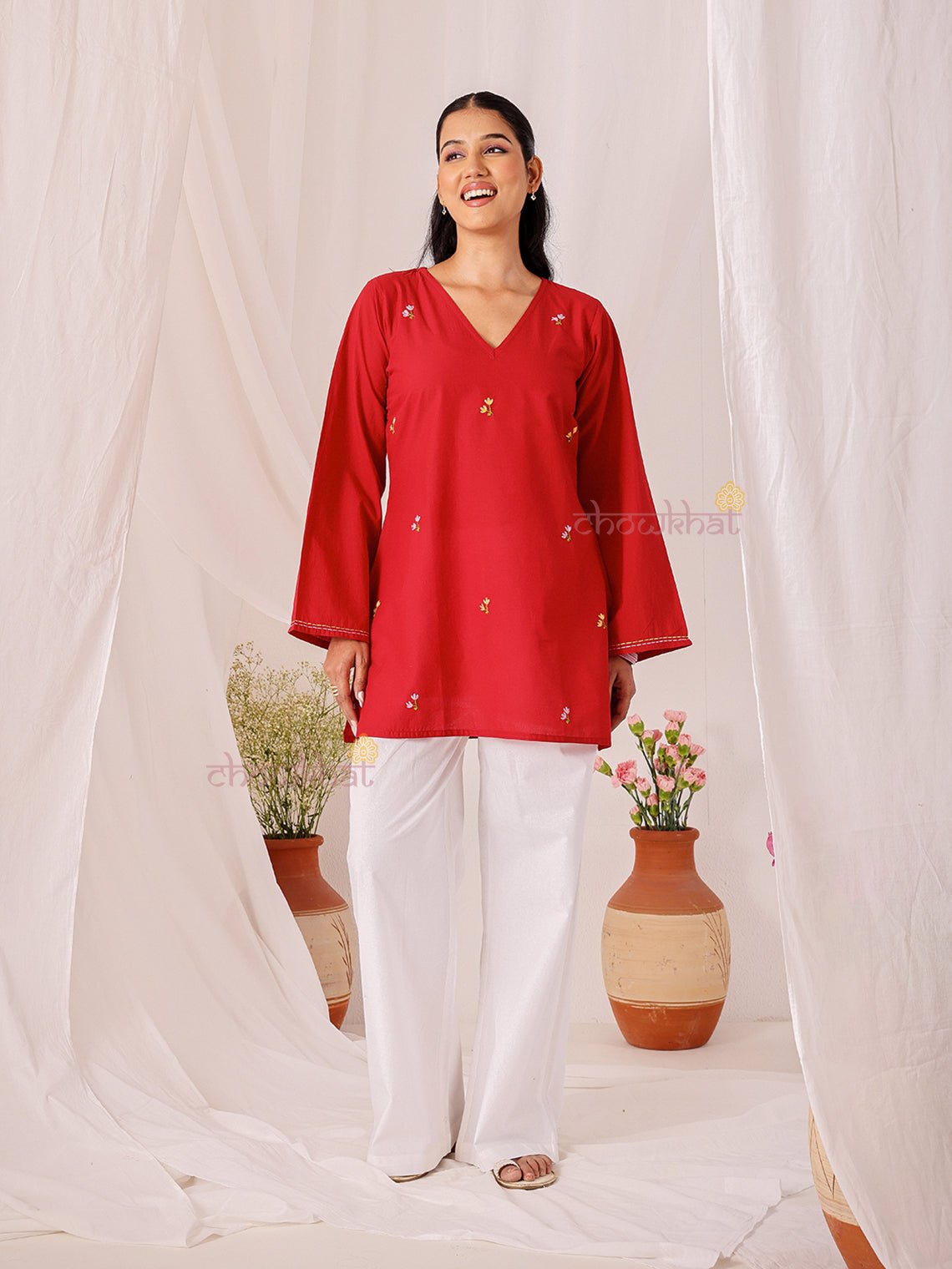 Kumkum Hand Embroidered Short Cotton Kurti - Chowkhat Lifestyle