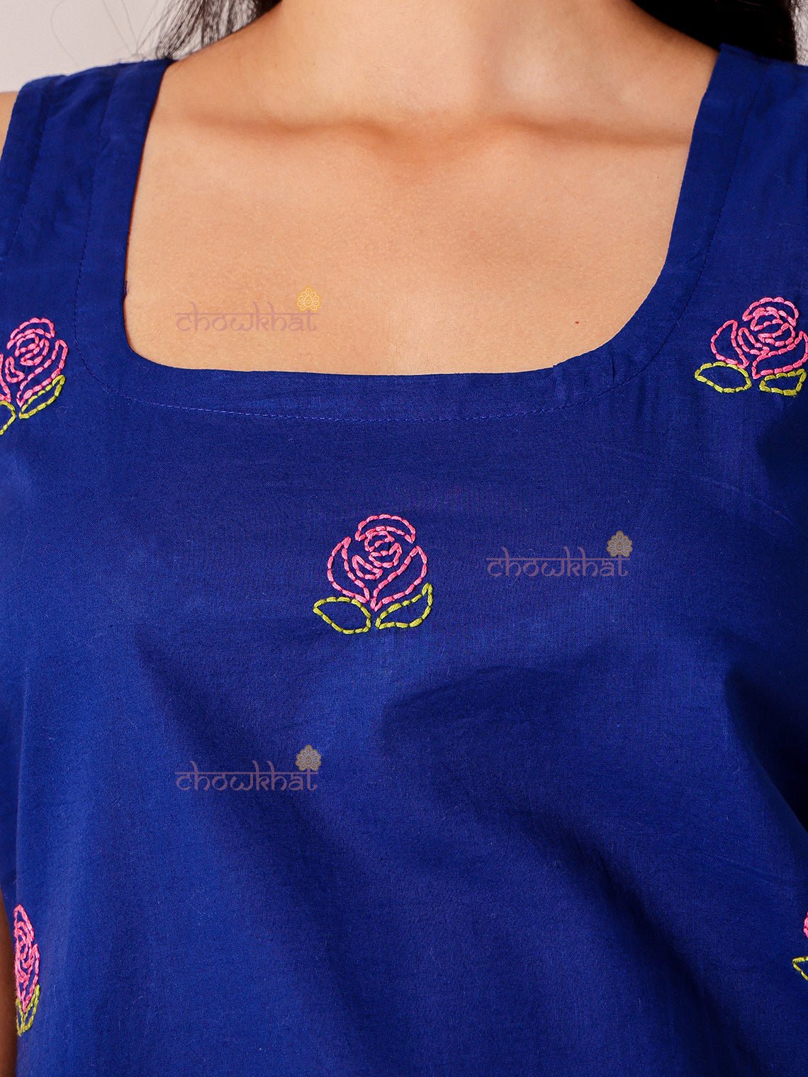 Juhi Hand Embroidered Deep Back Short Cotton Kurti - Chowkhat Lifestyle