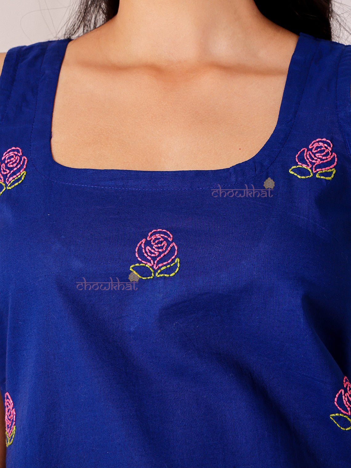 Juhi Hand Embroidered Deep Back Short Cotton Kurti - Chowkhat Lifestyle