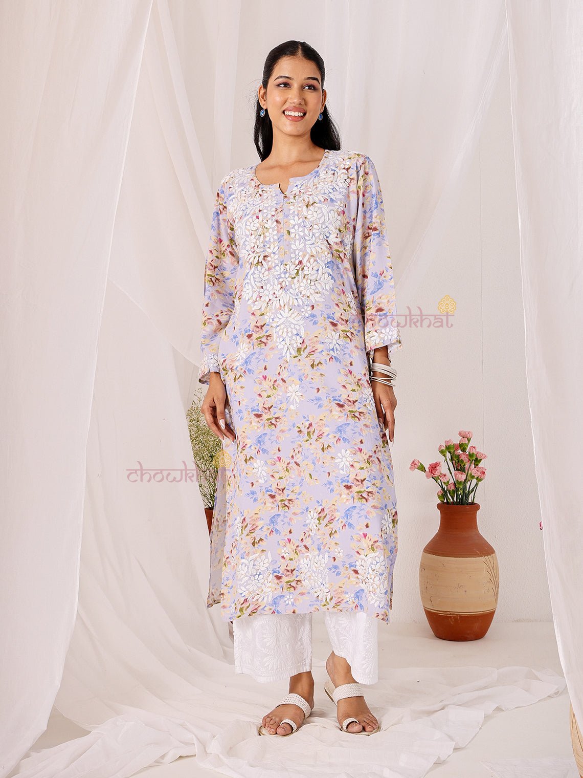 Ishani Rayon Printed Straight Chikankari Kurti - Chowkhat Lifestyle