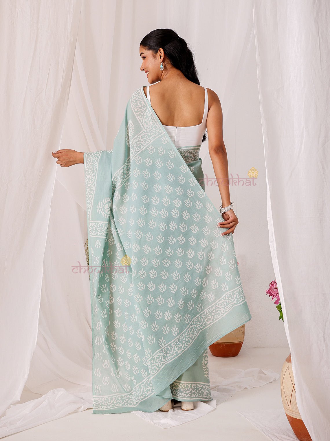 Naaz Pre - Draped Hand Block Mul Cotton Saree - Chowkhat Lifestyle