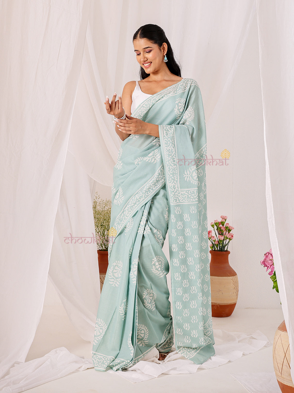 Naaz Pre- Draped Hand Block Mul Cotton Saree