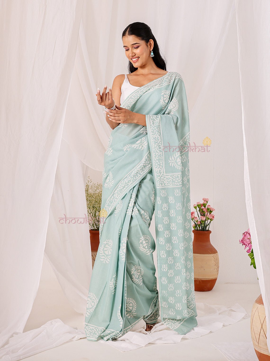Naaz Pre - Draped Hand Block Mul Cotton Saree - Chowkhat Lifestyle