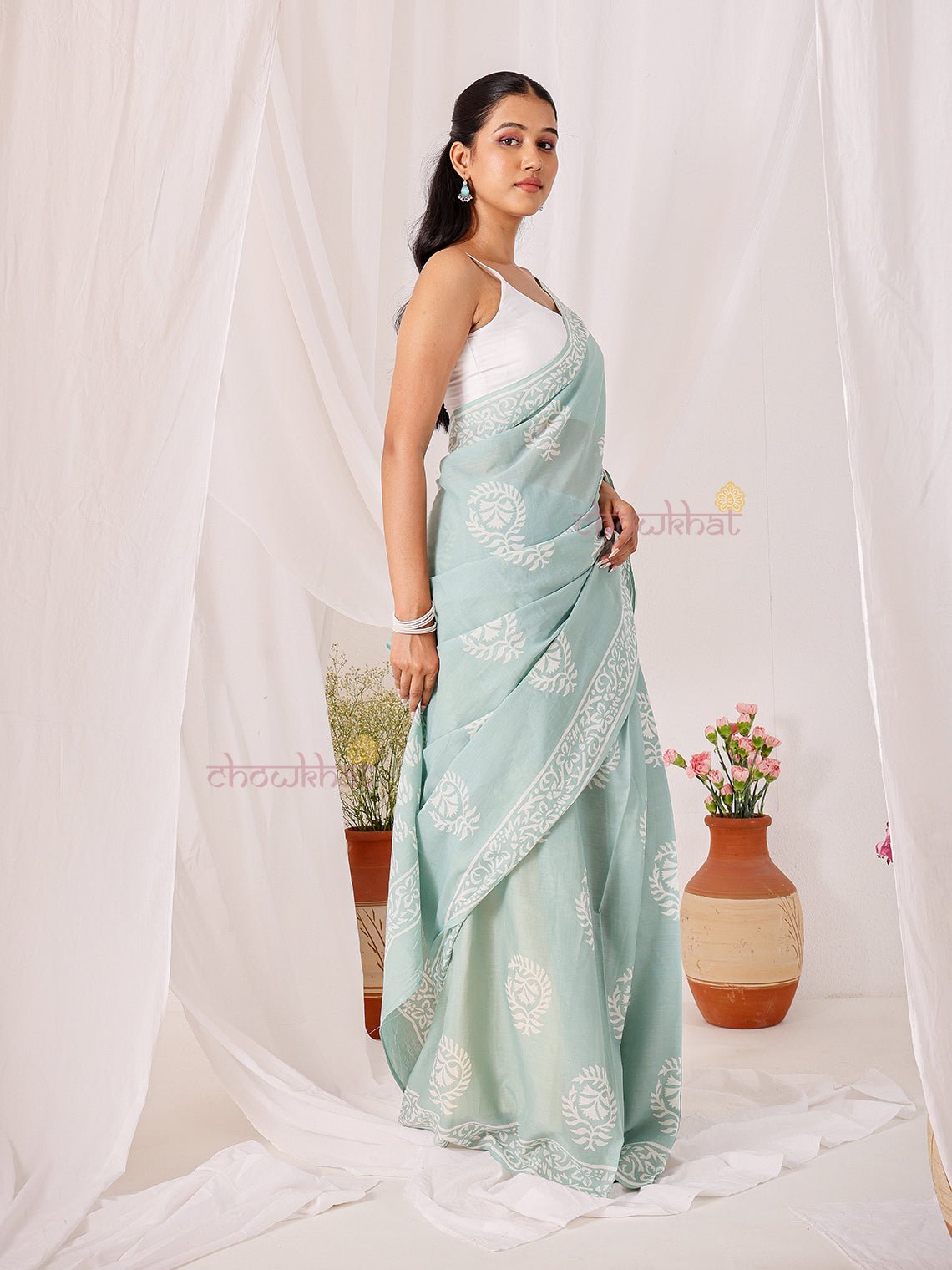 Naaz Pre - Draped Hand Block Mul Cotton Saree - Chowkhat Lifestyle