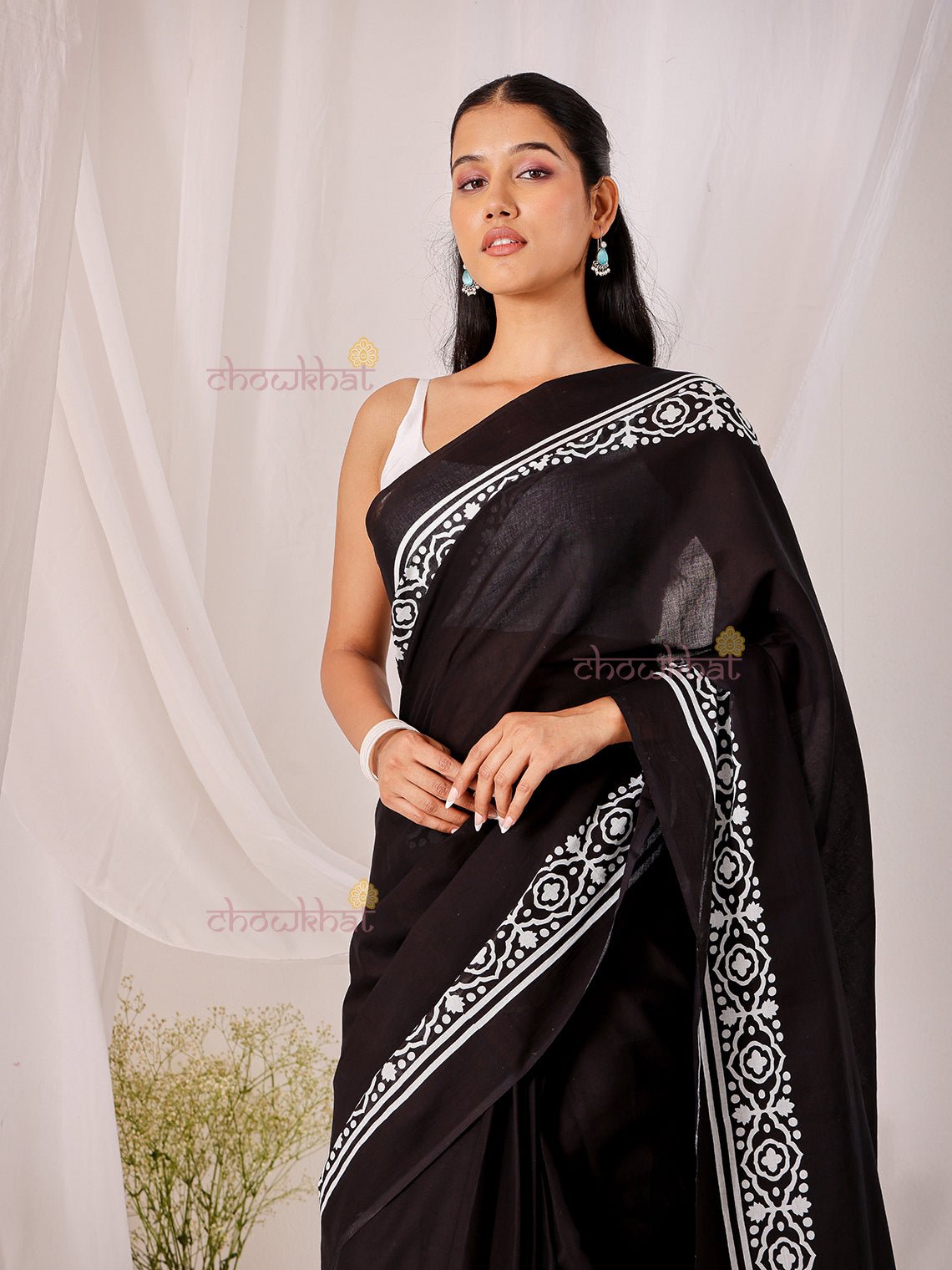 Koyal Pre - Draped Hand Printed Mul Cotton Saree - Chowkhat Lifestyle