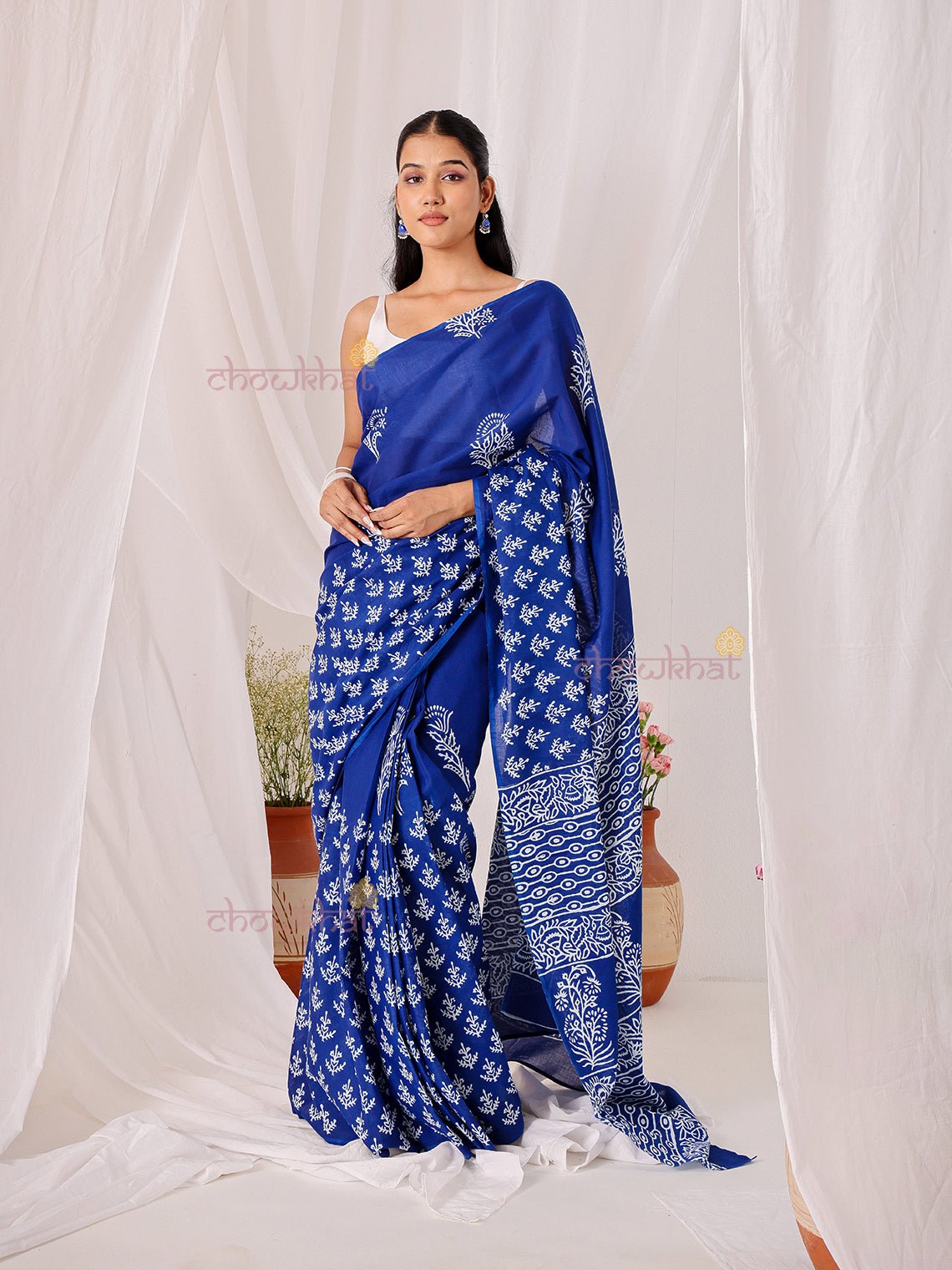 Neel Pre - Draped Hand Printed Mul Cotton Saree - Chowkhat Lifestyle