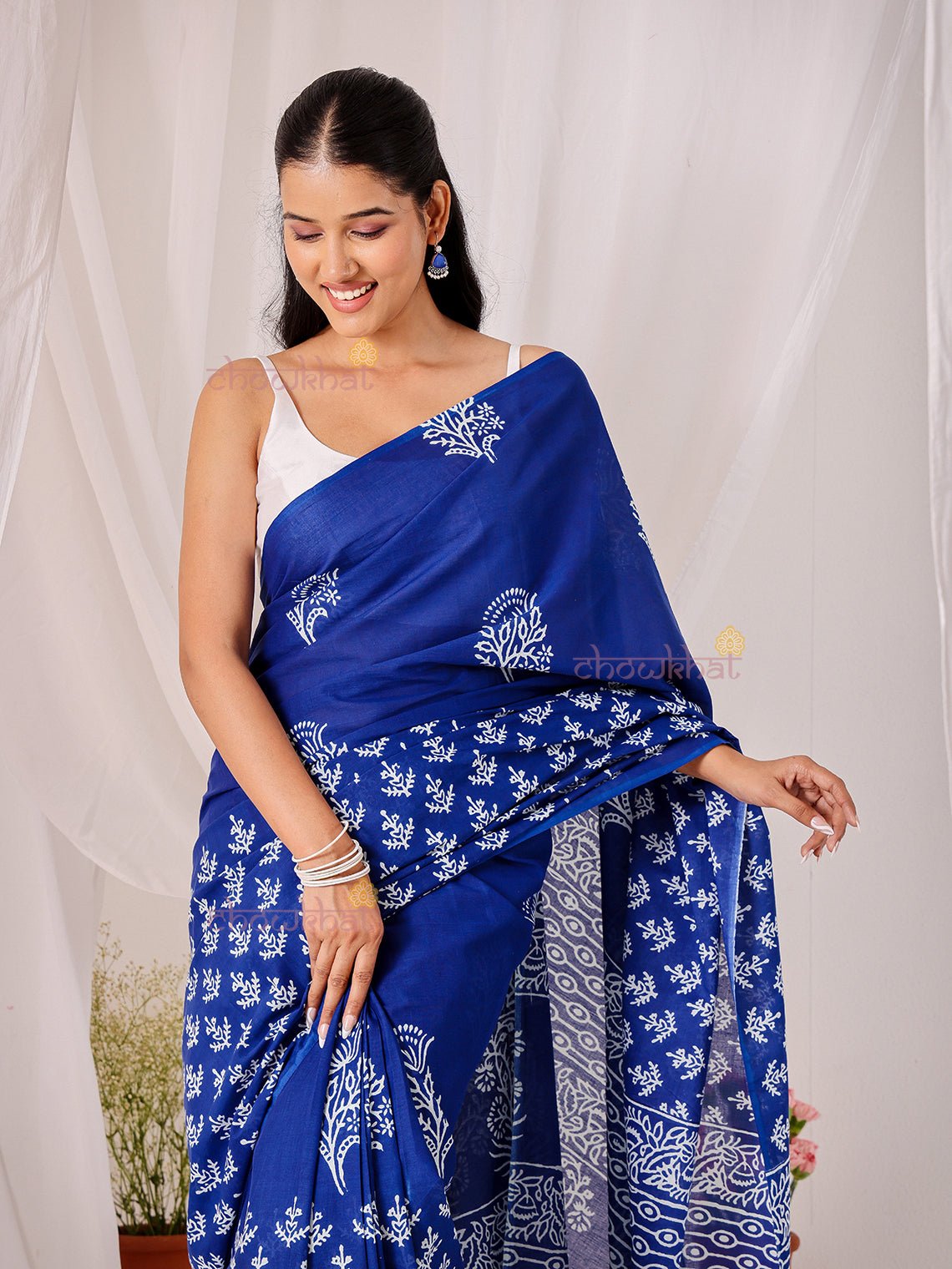 Neel Pre - Draped Hand Printed Mul Cotton Saree - Chowkhat Lifestyle