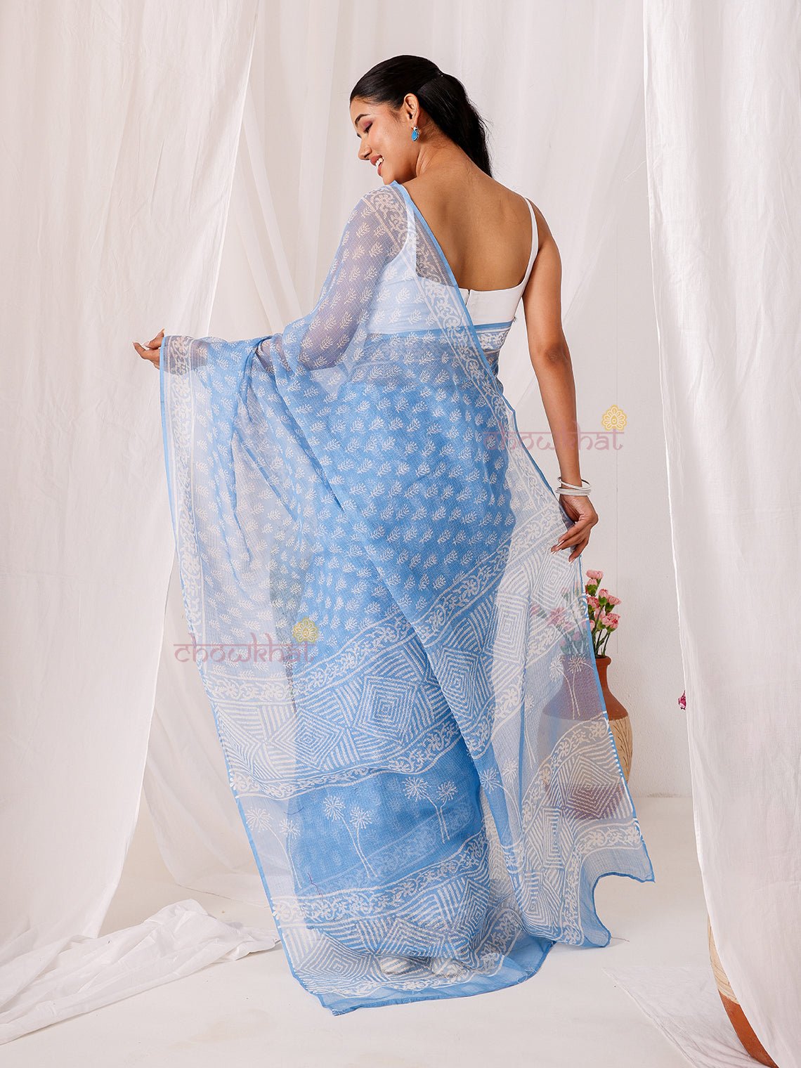 Saaya Pre - Draped Hand Block Kota Doria Saree - Chowkhat Lifestyle