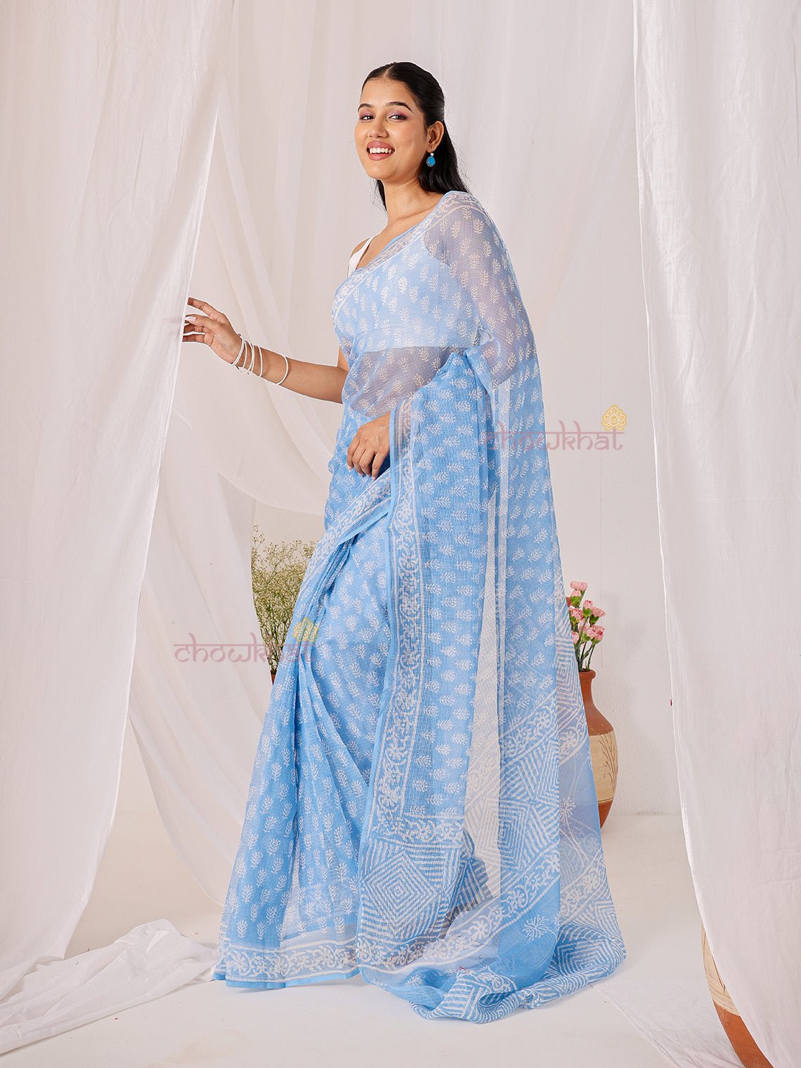 Saaya Pre - Draped Hand Block Kota Doria Saree - Chowkhat Lifestyle