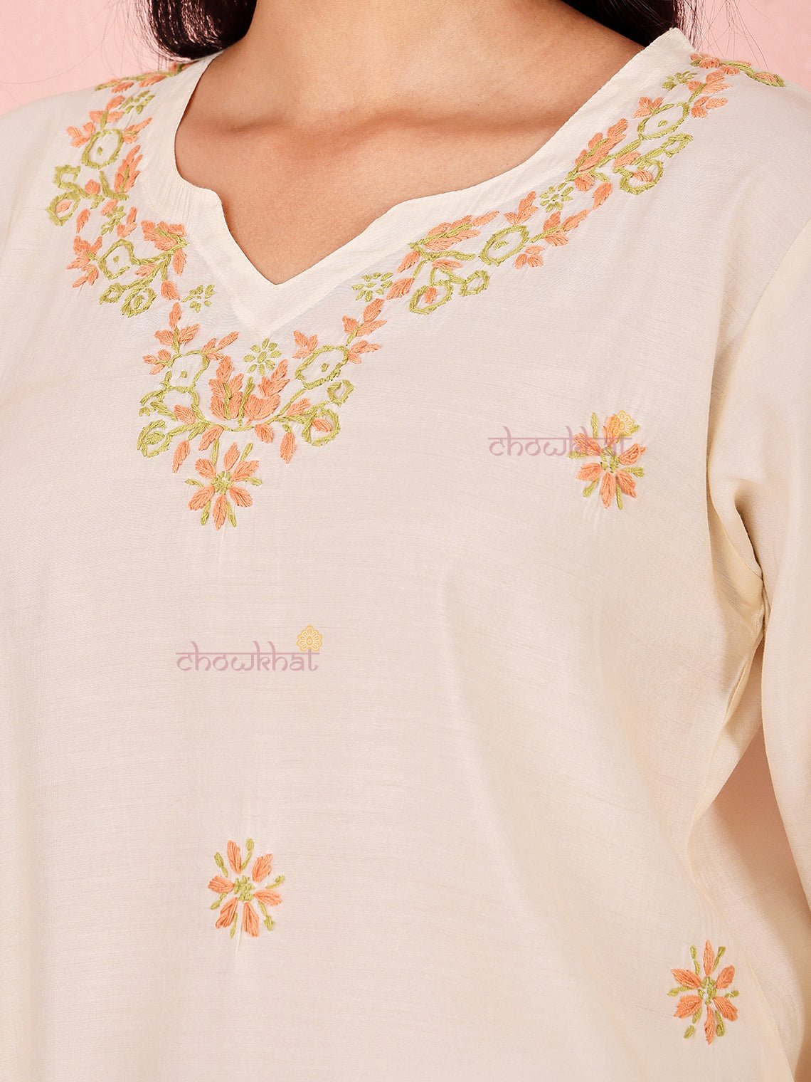 Phool Premium Chanderi Short Chikankari Kurti - Chowkhat Lifestyle
