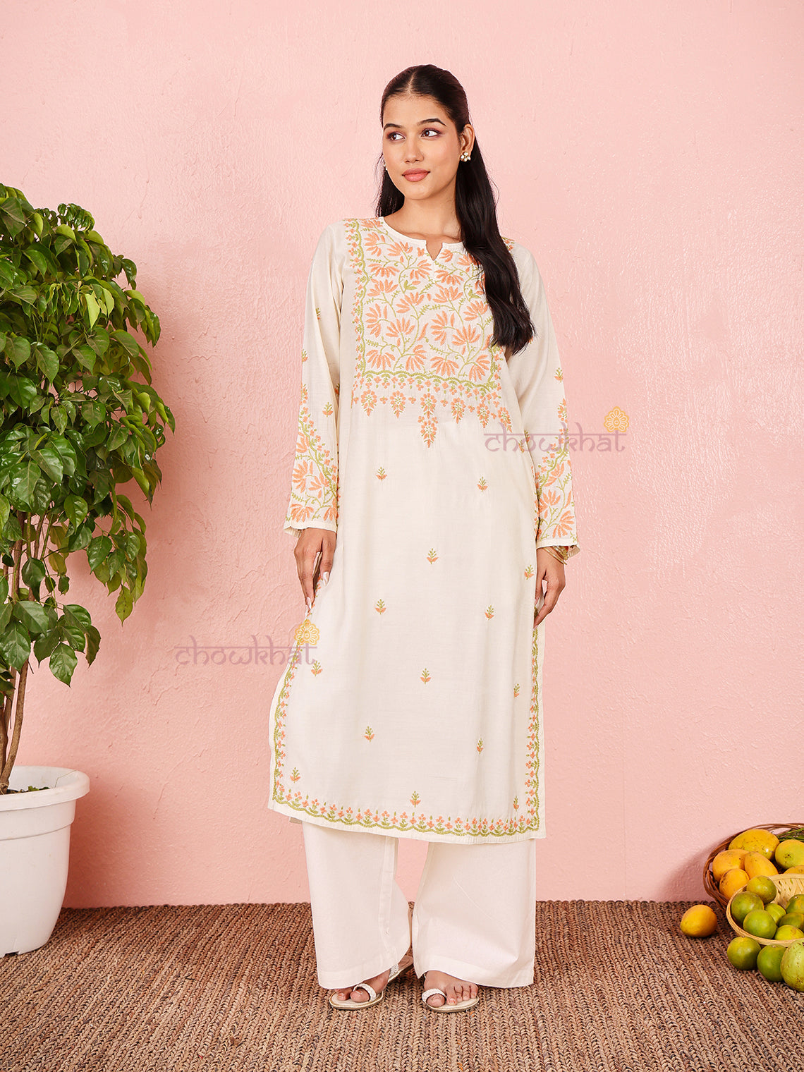 Phool Premium Chanderi Straight Chikankari Kurti