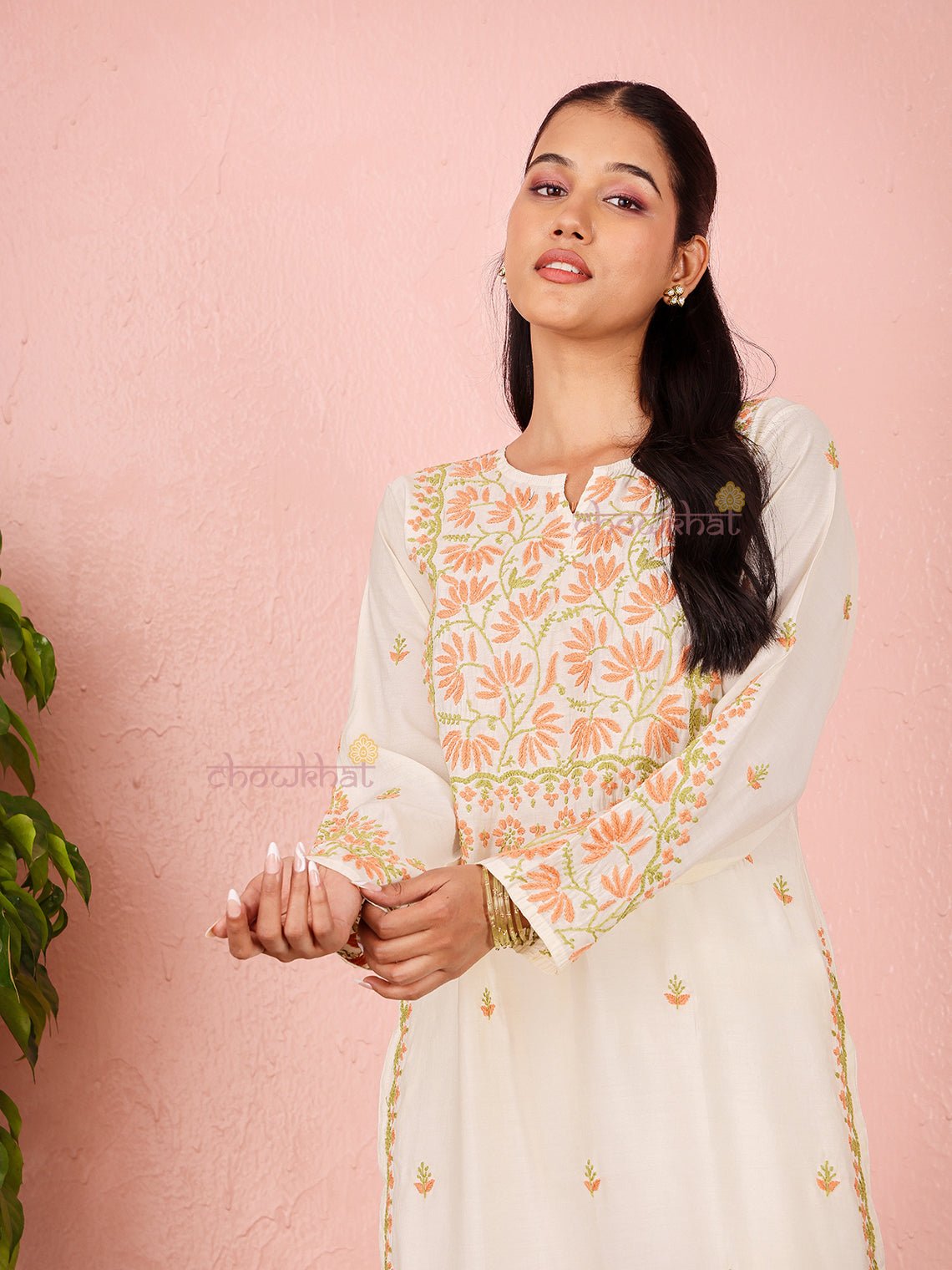Phool Premium Chanderi Straight Chikankari Kurti - Chowkhat Lifestyle