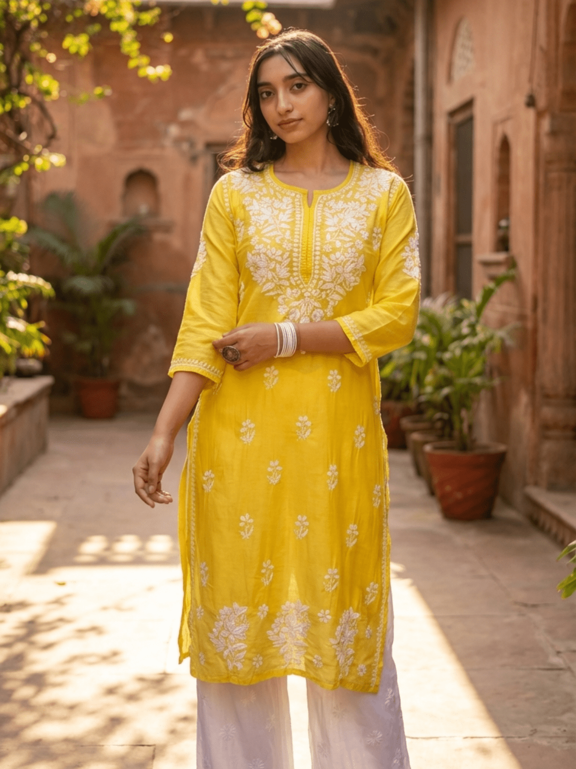 Sehar Chanderi Chikankari Straight Kurti - Chowkhat Lifestyle