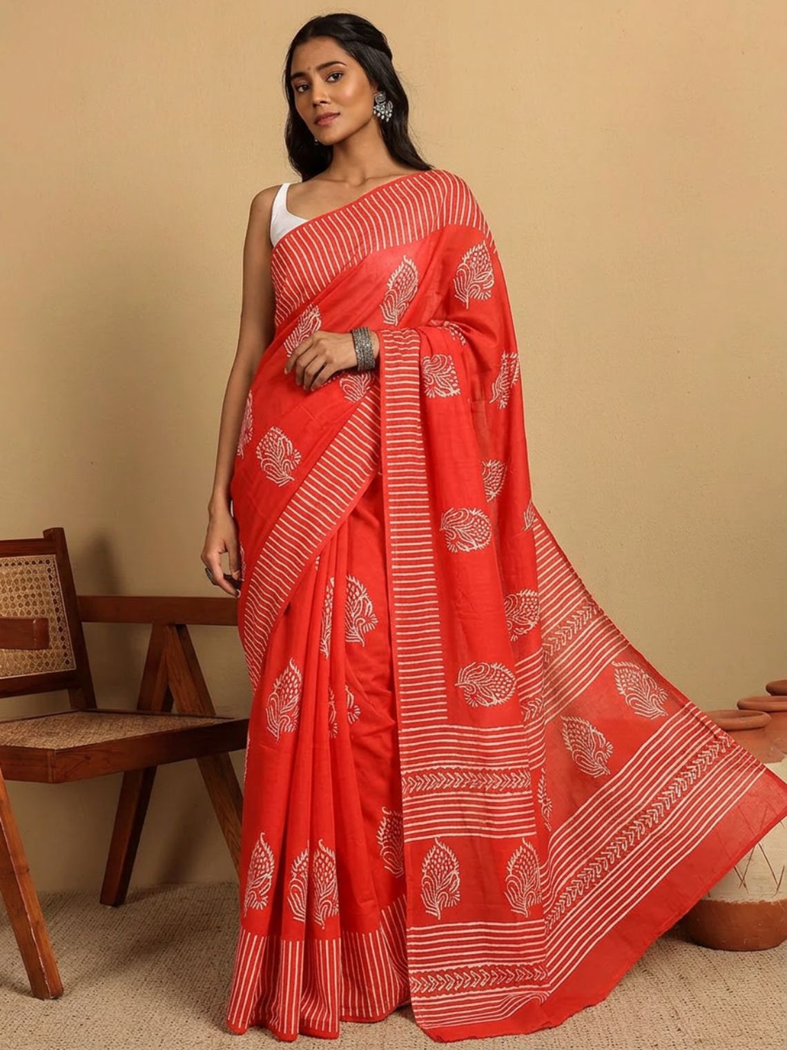 Bela Pre - Draped Hand Printed Mul Cotton Saree - Chowkhat Lifestyle