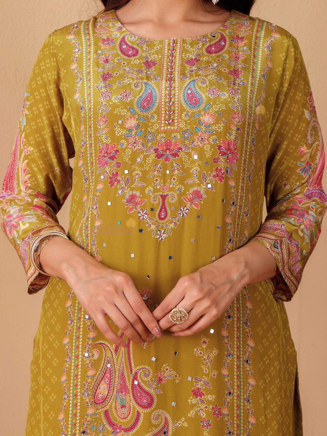 Chaand Printed 3 Piece Stitched Suit Set with Mirror work - Chowkhat Lifestyle