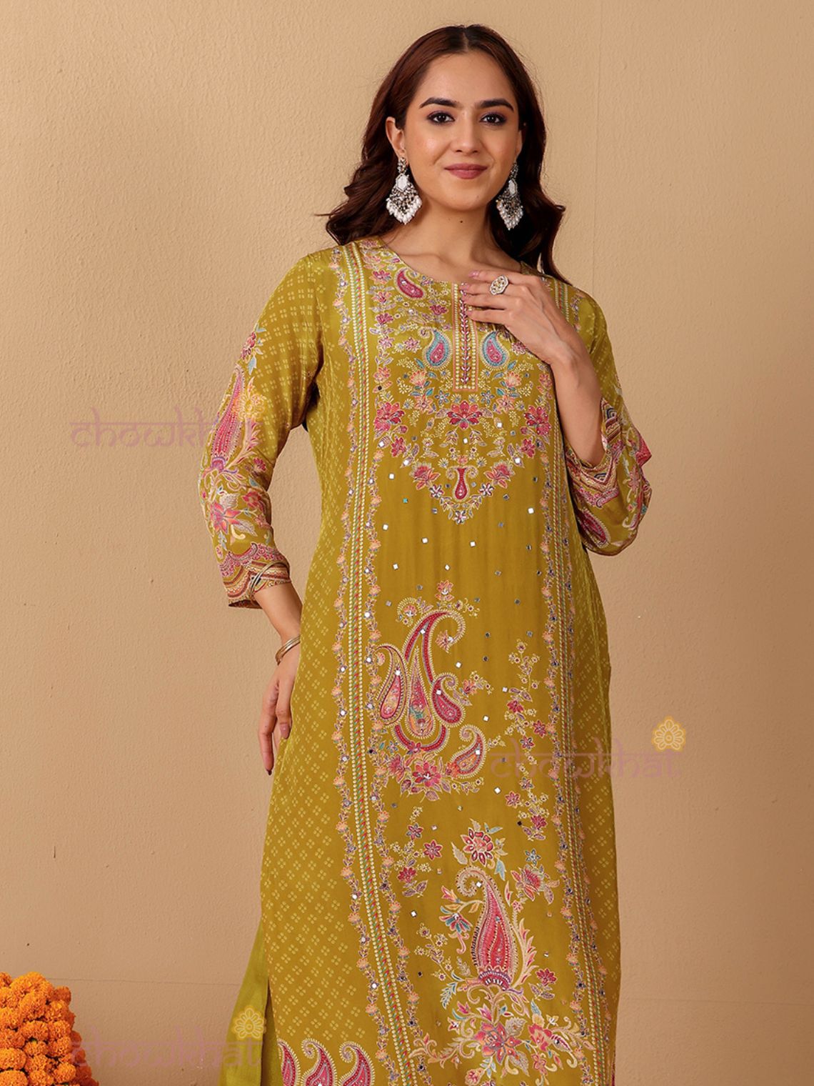 Chaand Printed 3 Piece Stitched Suit Set with Mirror work - Chowkhat Lifestyle