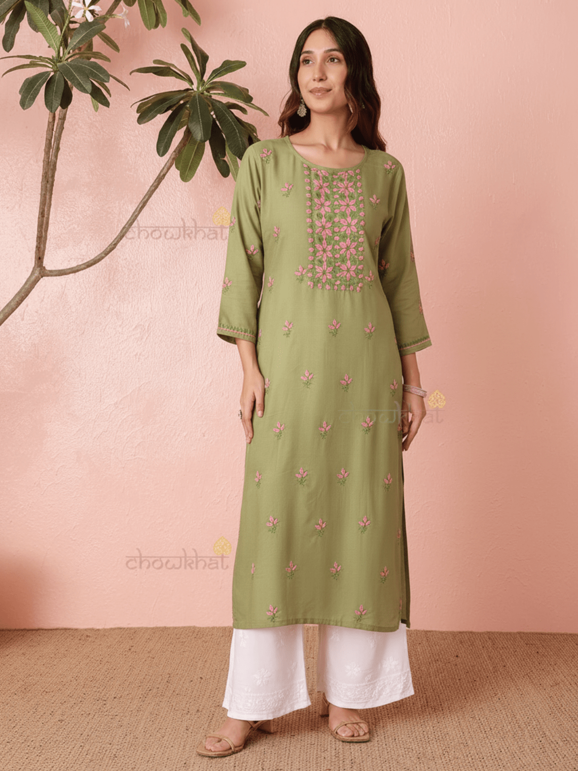 Heer Premium Rayon A - line Chikankari Kurti - Chowkhat Lifestyle