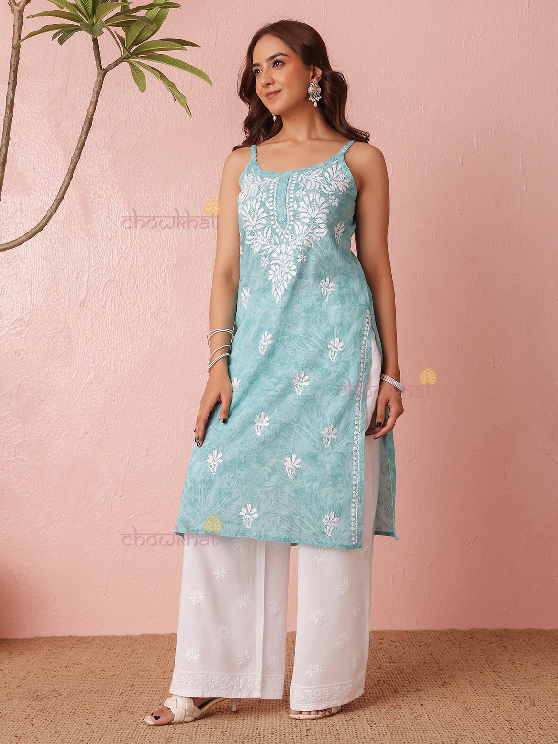 Kimaya Straight Long Mul Cotton Chikankari Kurti - Chowkhat Lifestyle