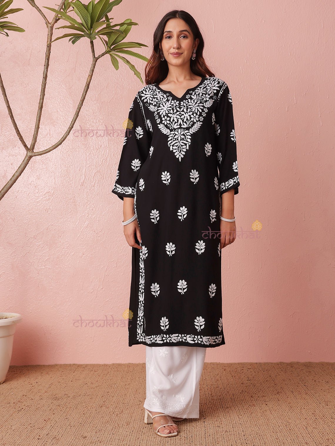 Ria Rayon Straight Long Chikankari Kurti - Chowkhat Lifestyle