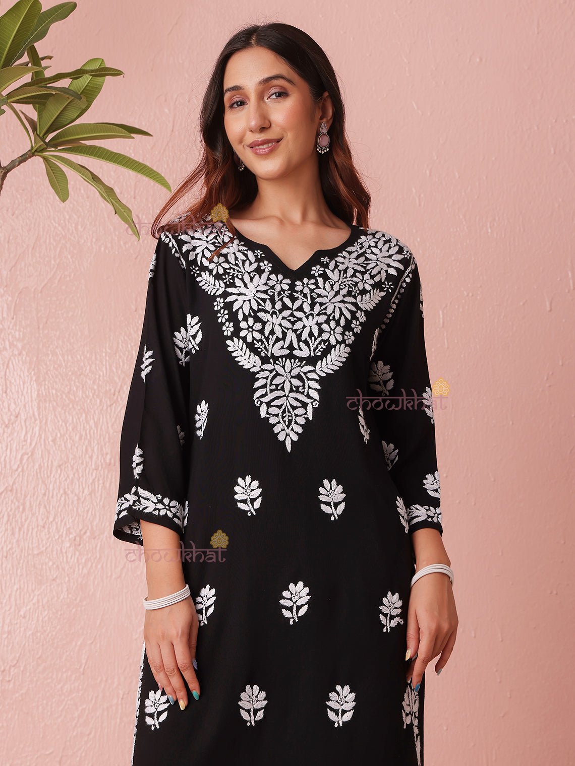 Ria Rayon Straight Long Chikankari Kurti - Chowkhat Lifestyle