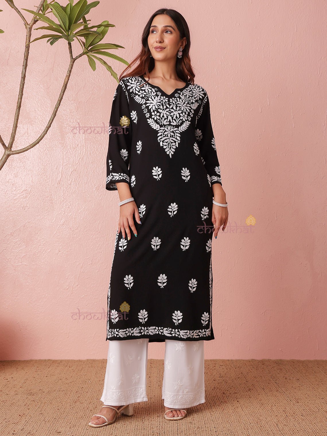 Ria Rayon Straight Long Chikankari Kurti - Chowkhat Lifestyle