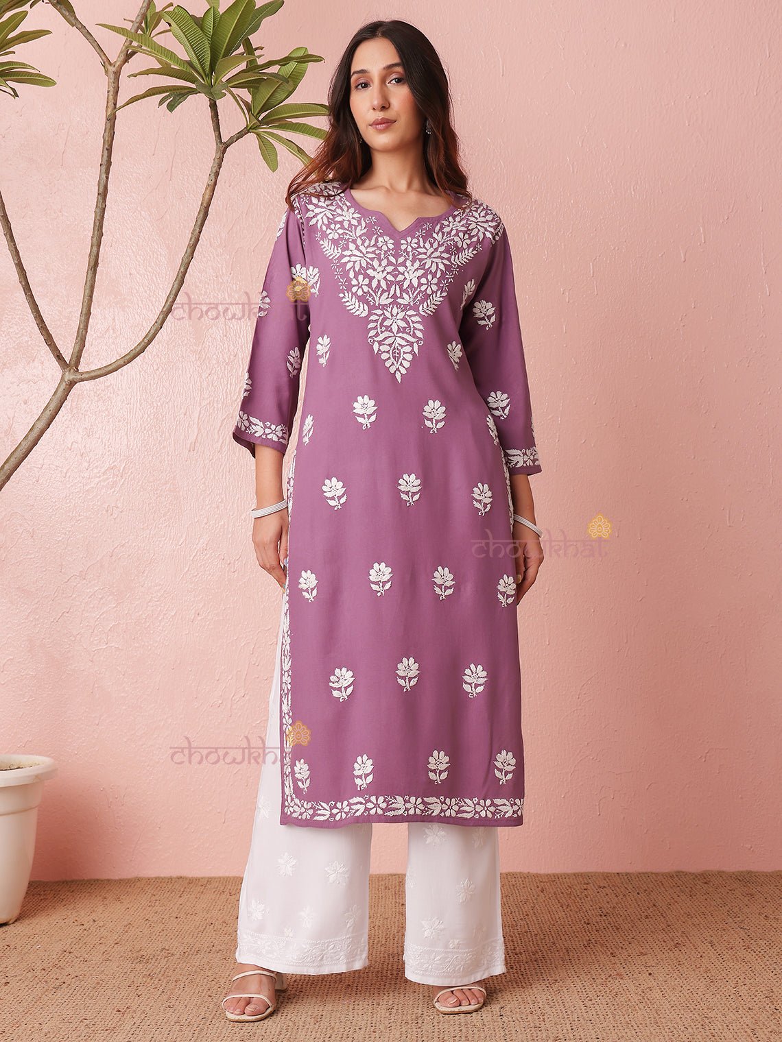 Ria Rayon Straight Long Chikankari Kurti - Chowkhat Lifestyle