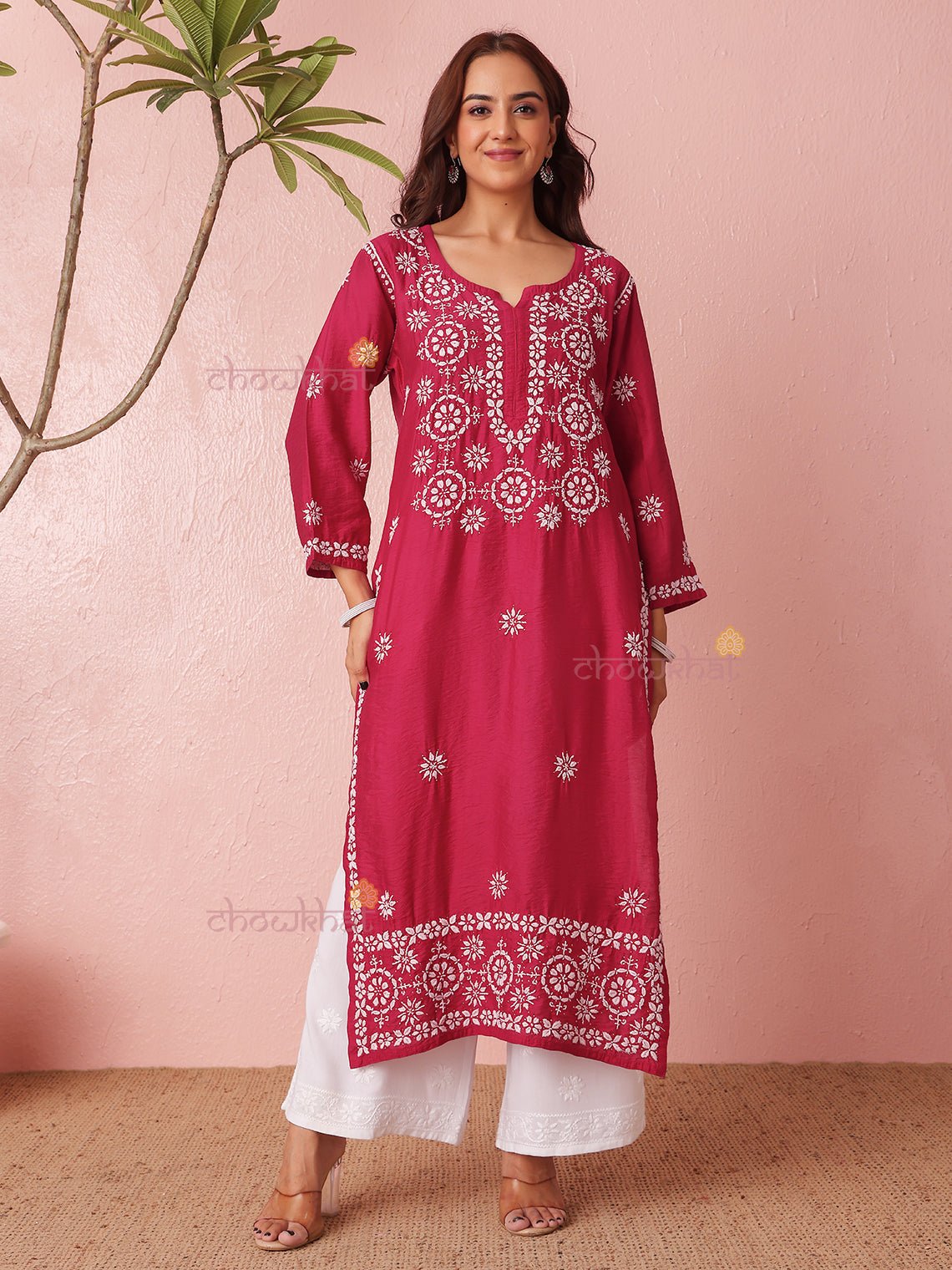 Laya Straight Chanderi Chikankari Kurti with Mukaish Work - Chowkhat Lifestyle