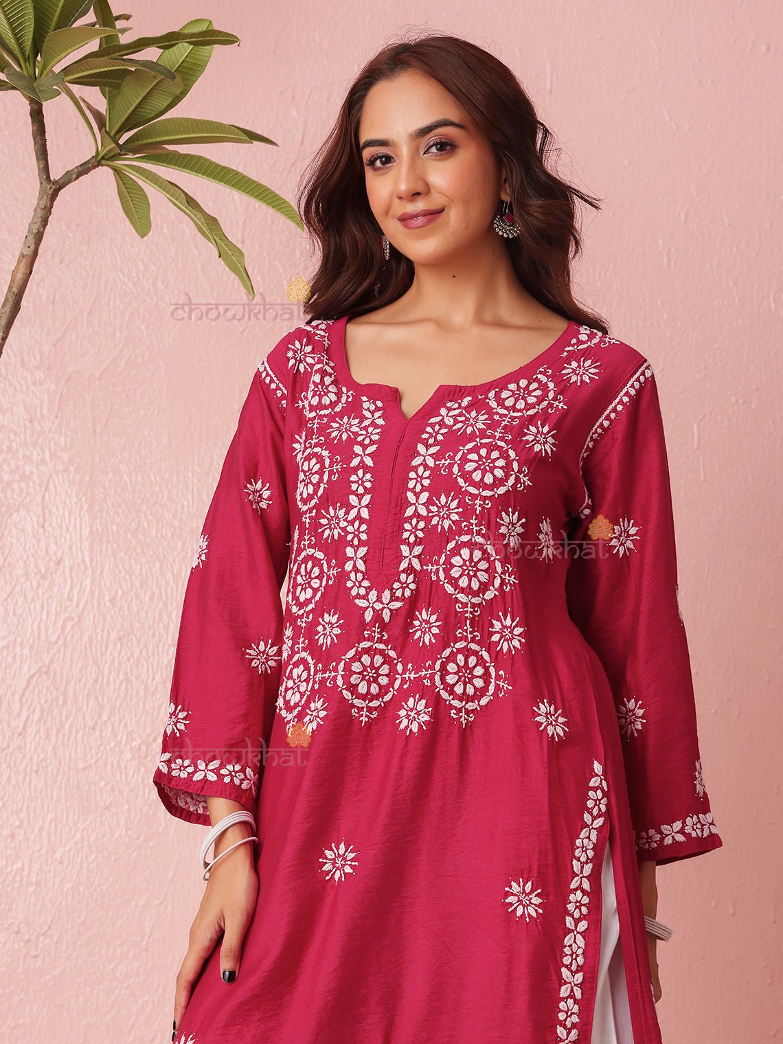 Laya Straight Chanderi Chikankari Kurti with Mukaish Work - Chowkhat Lifestyle