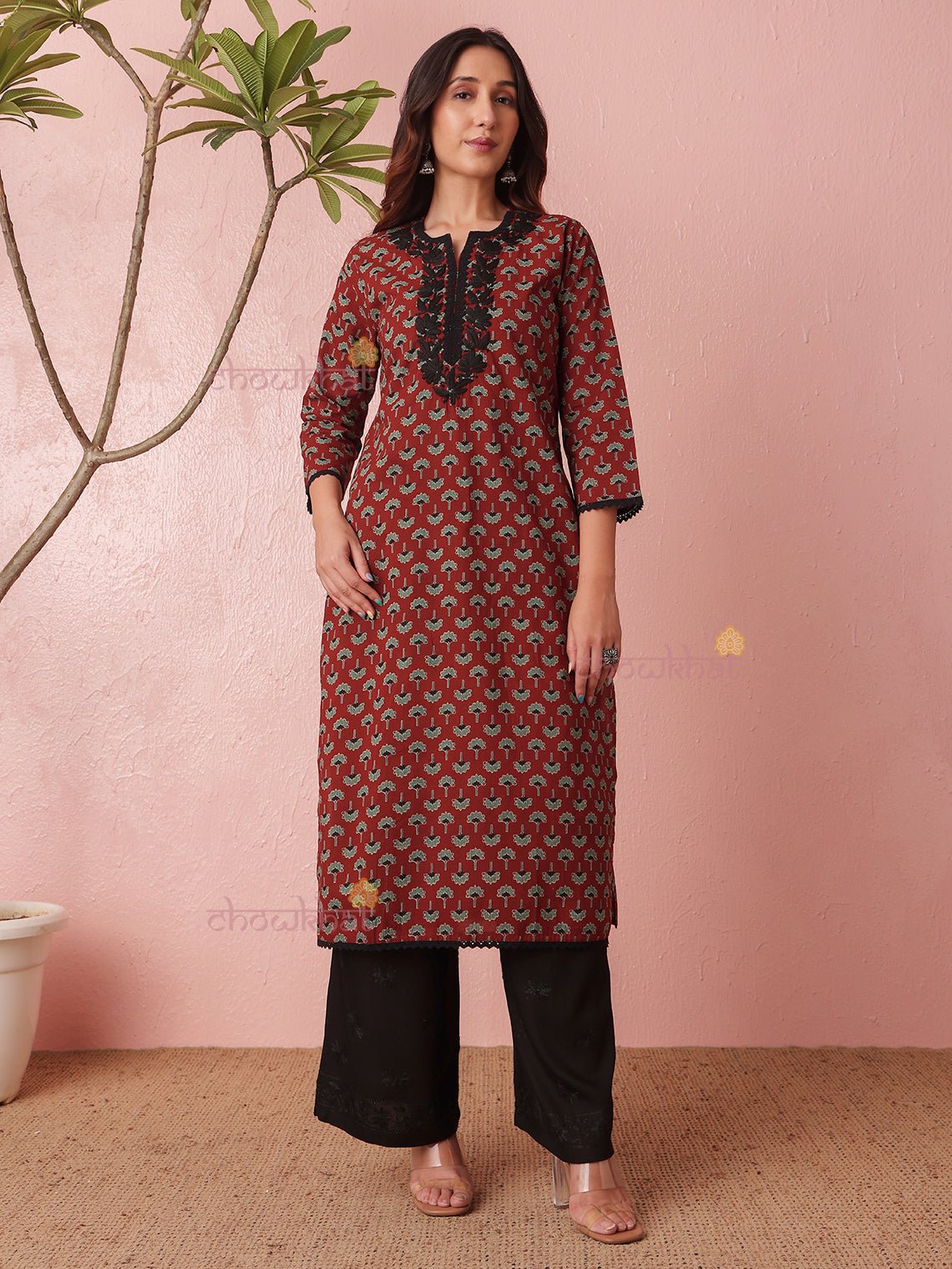 Reet Cotton Straight Hand Embroidered Chikankari Kurti with Lace Detailing - Chowkhat Lifestyle