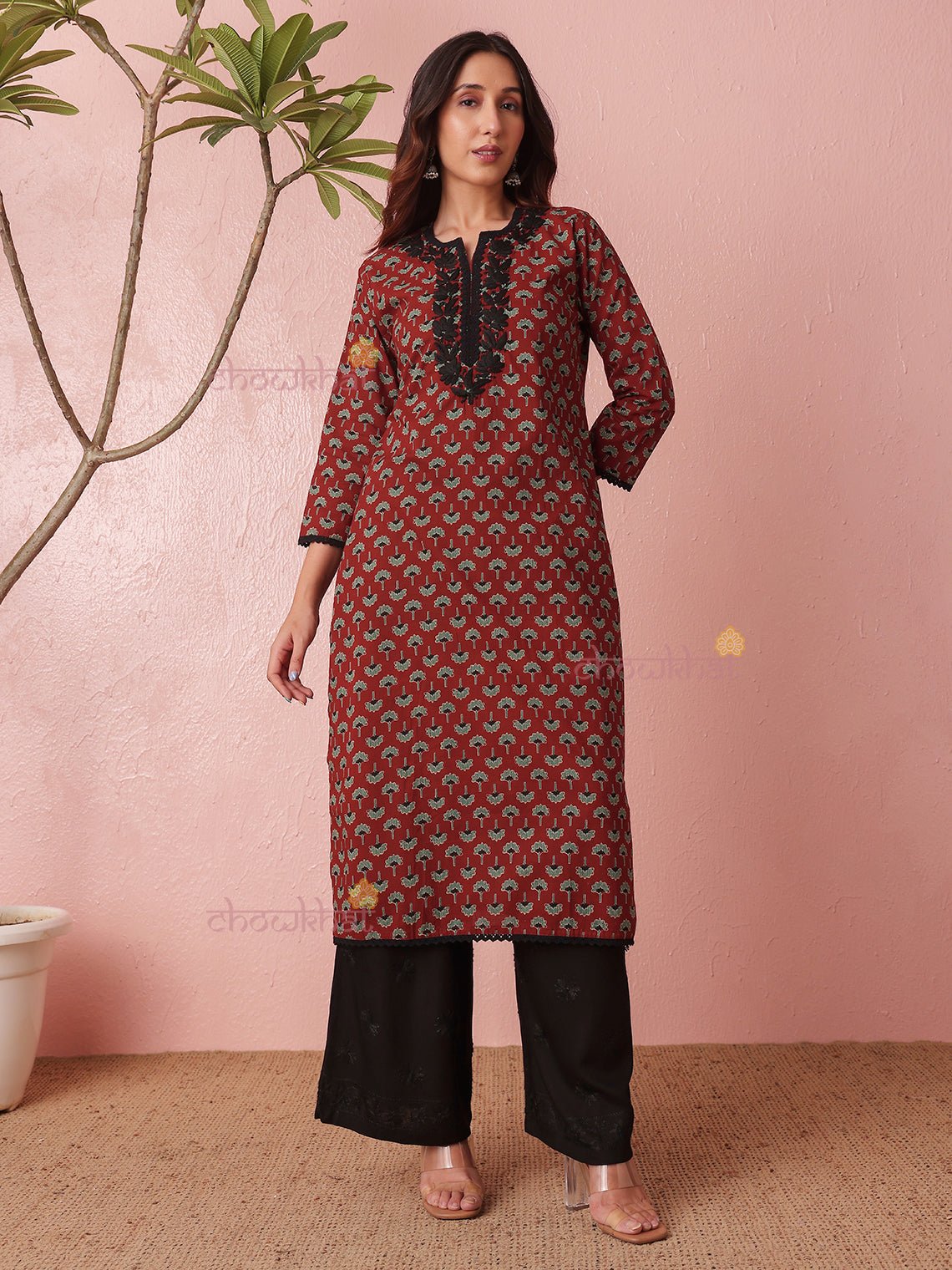 Reet Cotton Straight Hand Embroidered Chikankari Kurti with Lace Detailing - Chowkhat Lifestyle