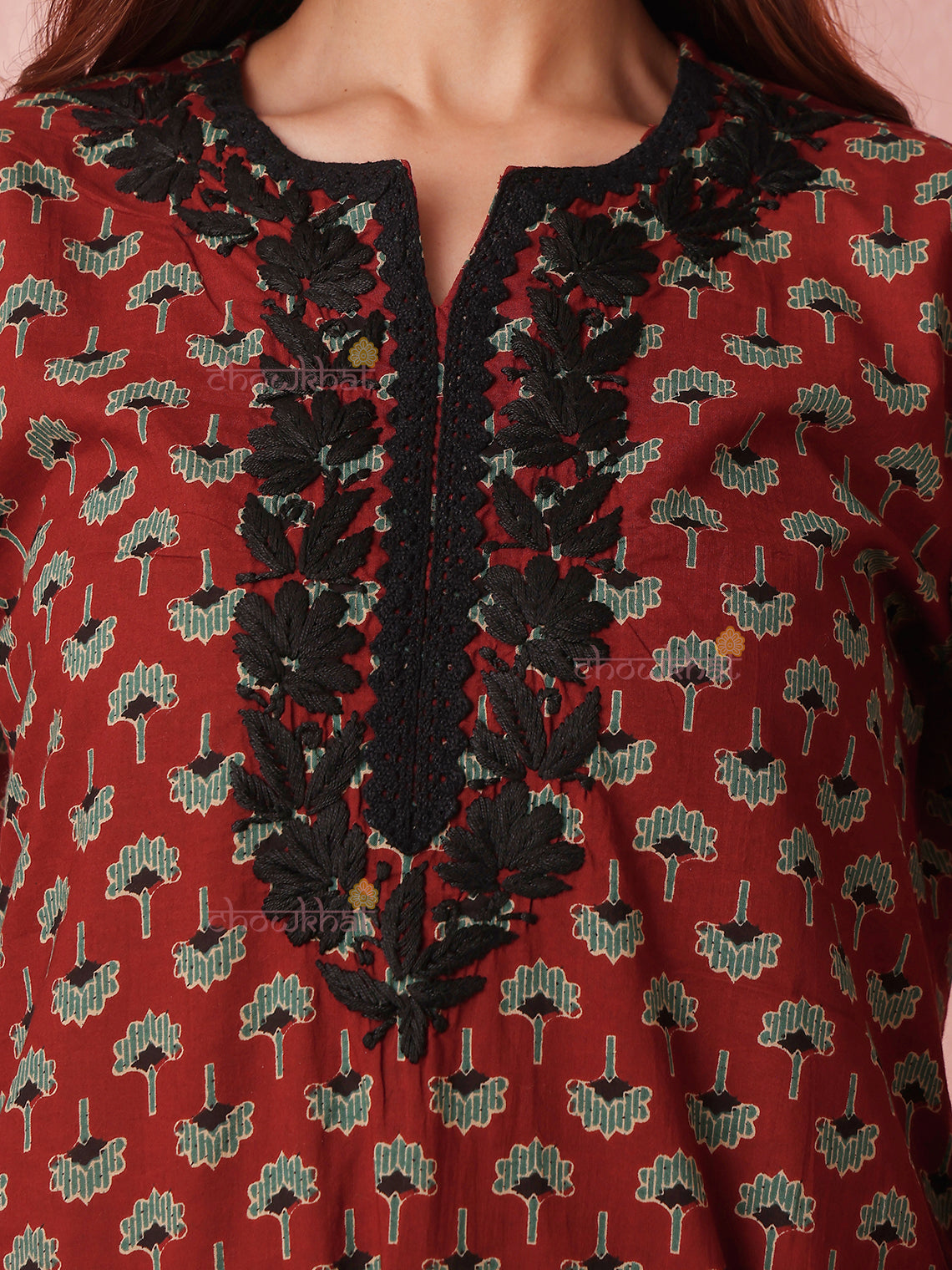 Reet Cotton Straight Hand Embroidered Chikankari Kurti with Lace Detailing