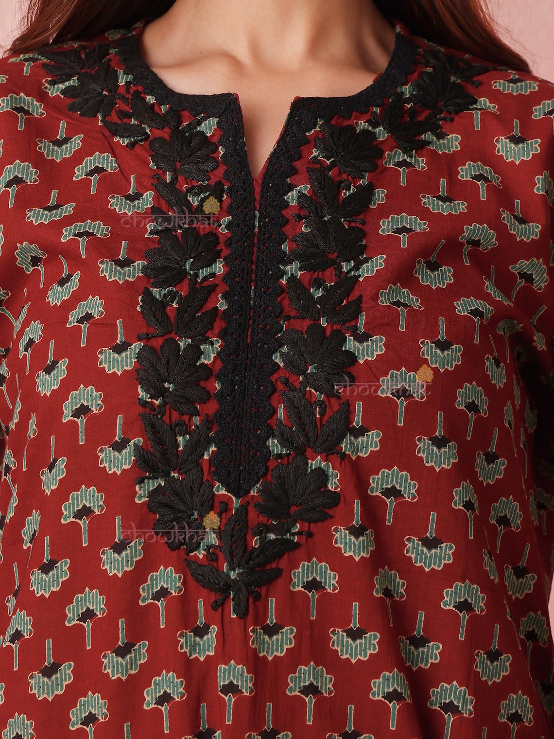 Reet Cotton Straight Hand Embroidered Chikankari Kurti with Lace Detailing - Chowkhat Lifestyle