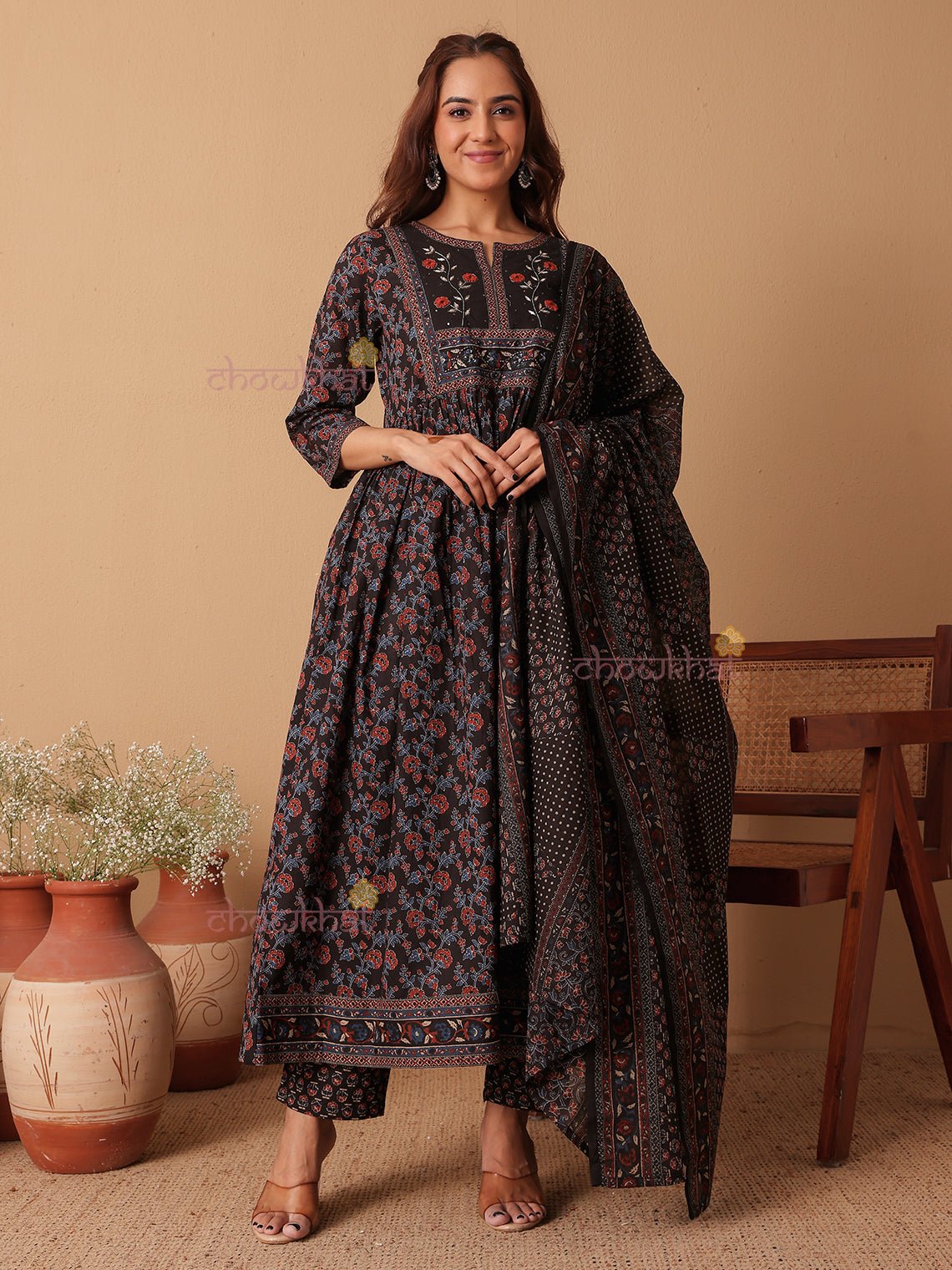 Prisha Anarkali Hand Printed Cotton 3 Piece Stitched Suit Set with Handwork - Chowkhat Lifestyle
